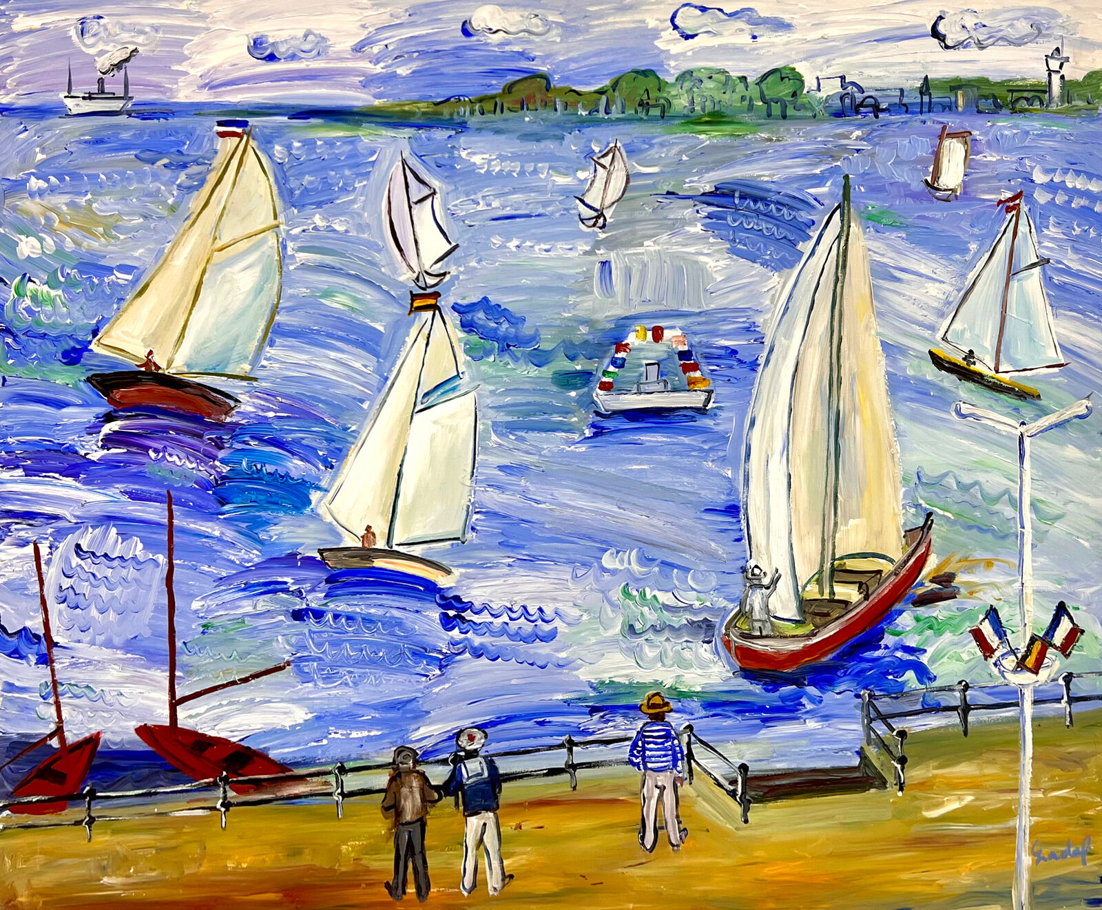 A painting of sailboats in the ocean with people walking on the beach.