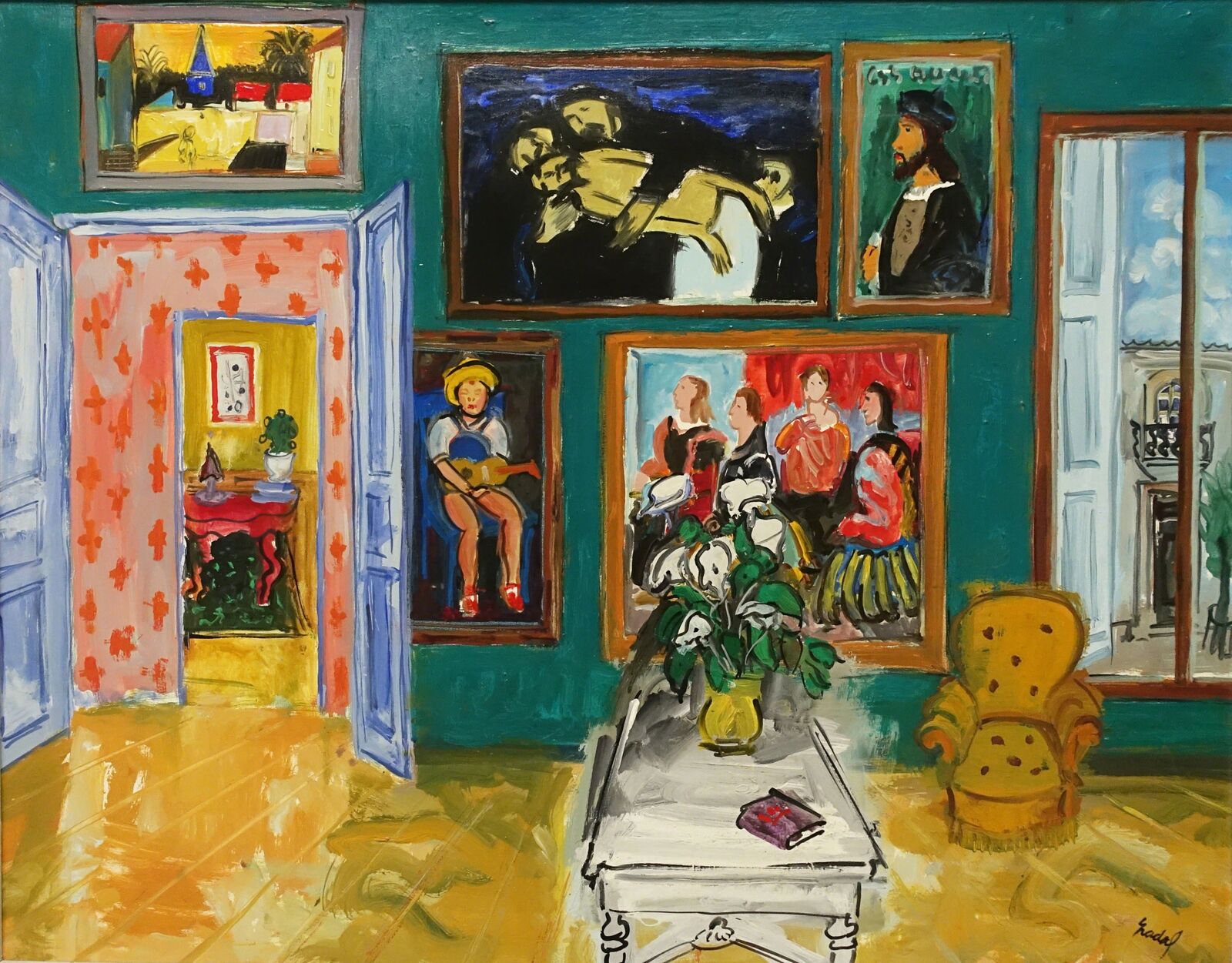 A painting of a living room with paintings on the wall.