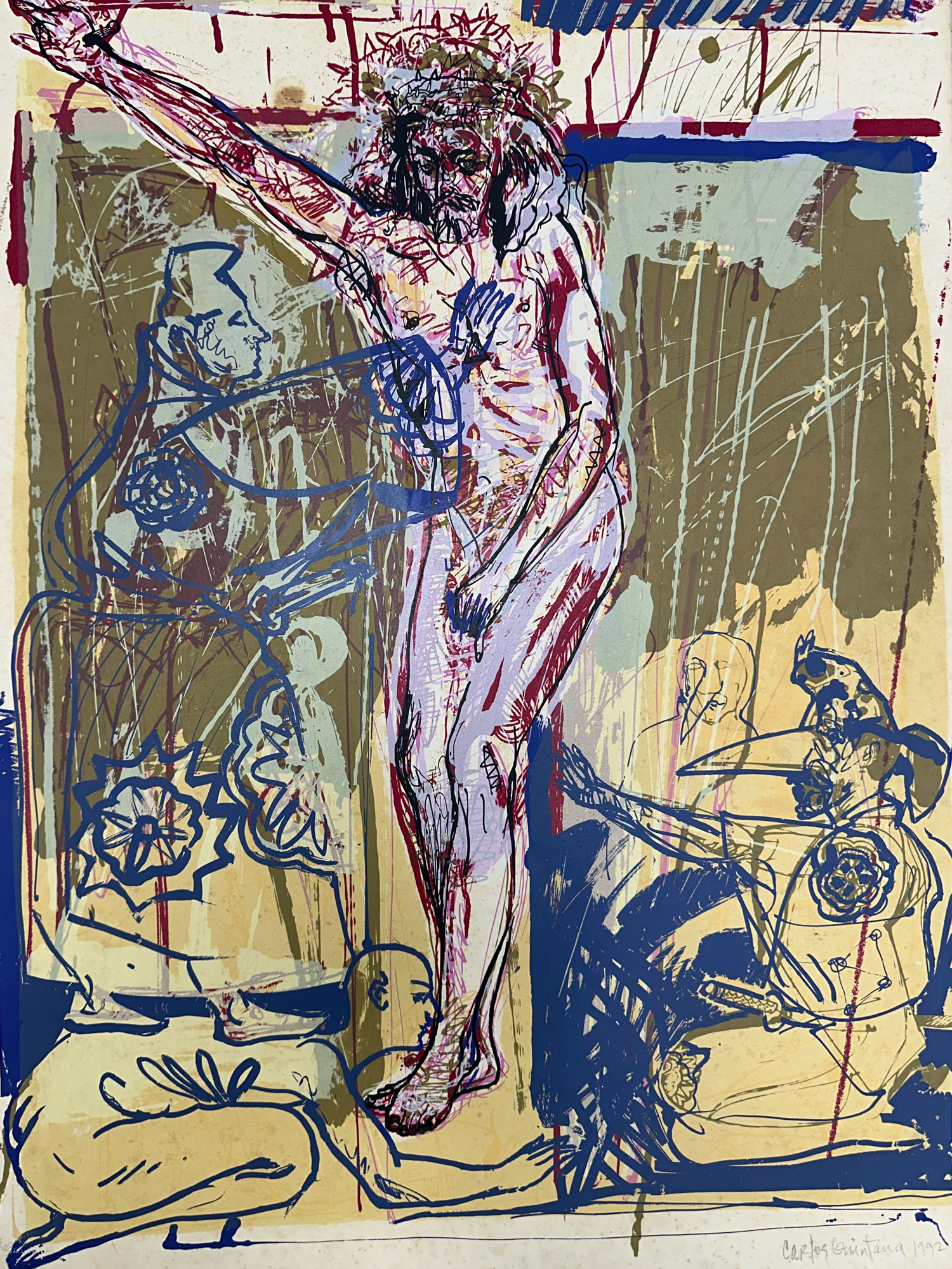 A painting of a man on the cross with a crown of thorns on his head.