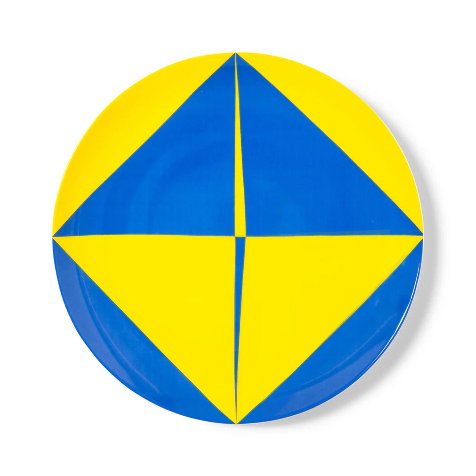 A blue and yellow plate with a star design on it.