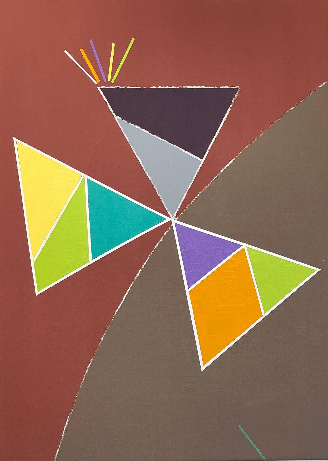 A painting of a colorful geometric design on a brown background.