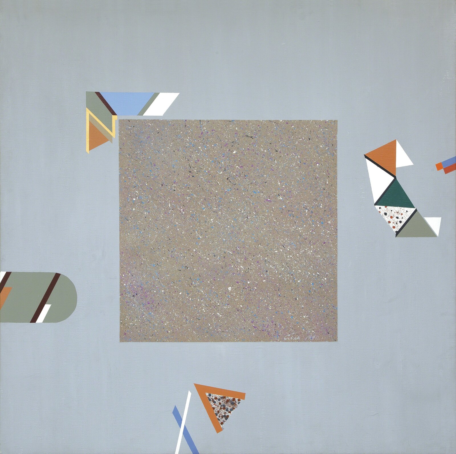 A painting on a wall with a square and triangles on it.
