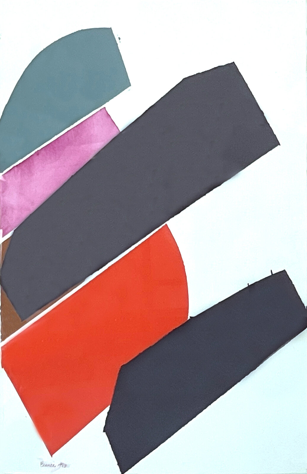 A drawing of four different colored pieces of paper on a white surface.
