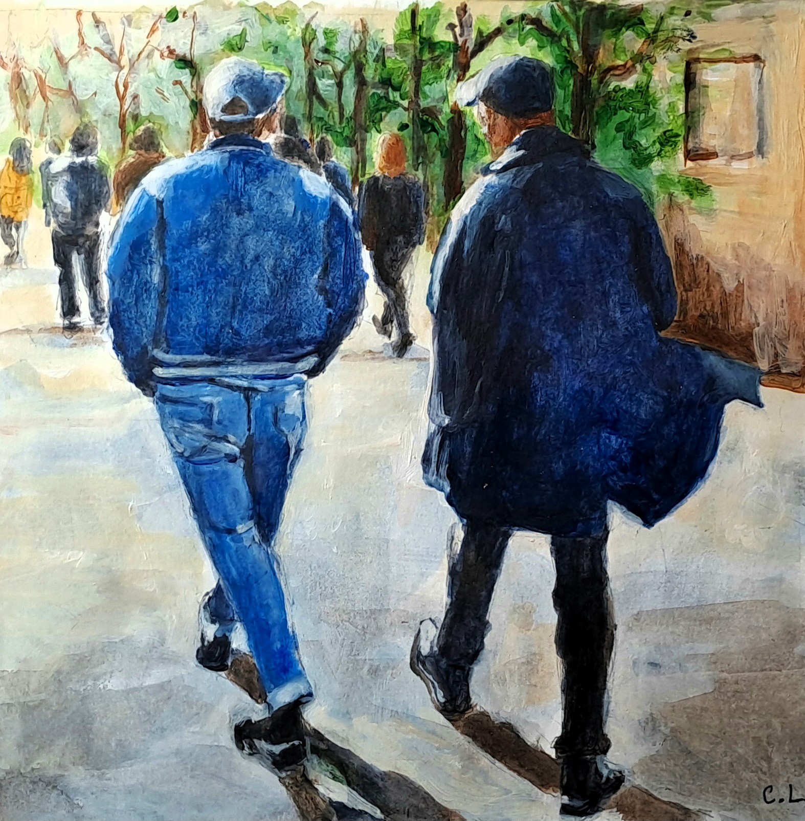 A painting of two people walking down a sidewalk.