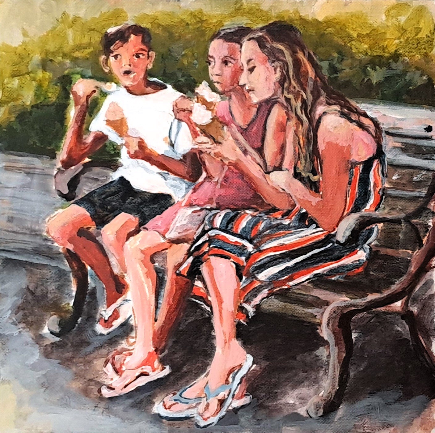 A painting of three children sitting on a bench eating ice cream.