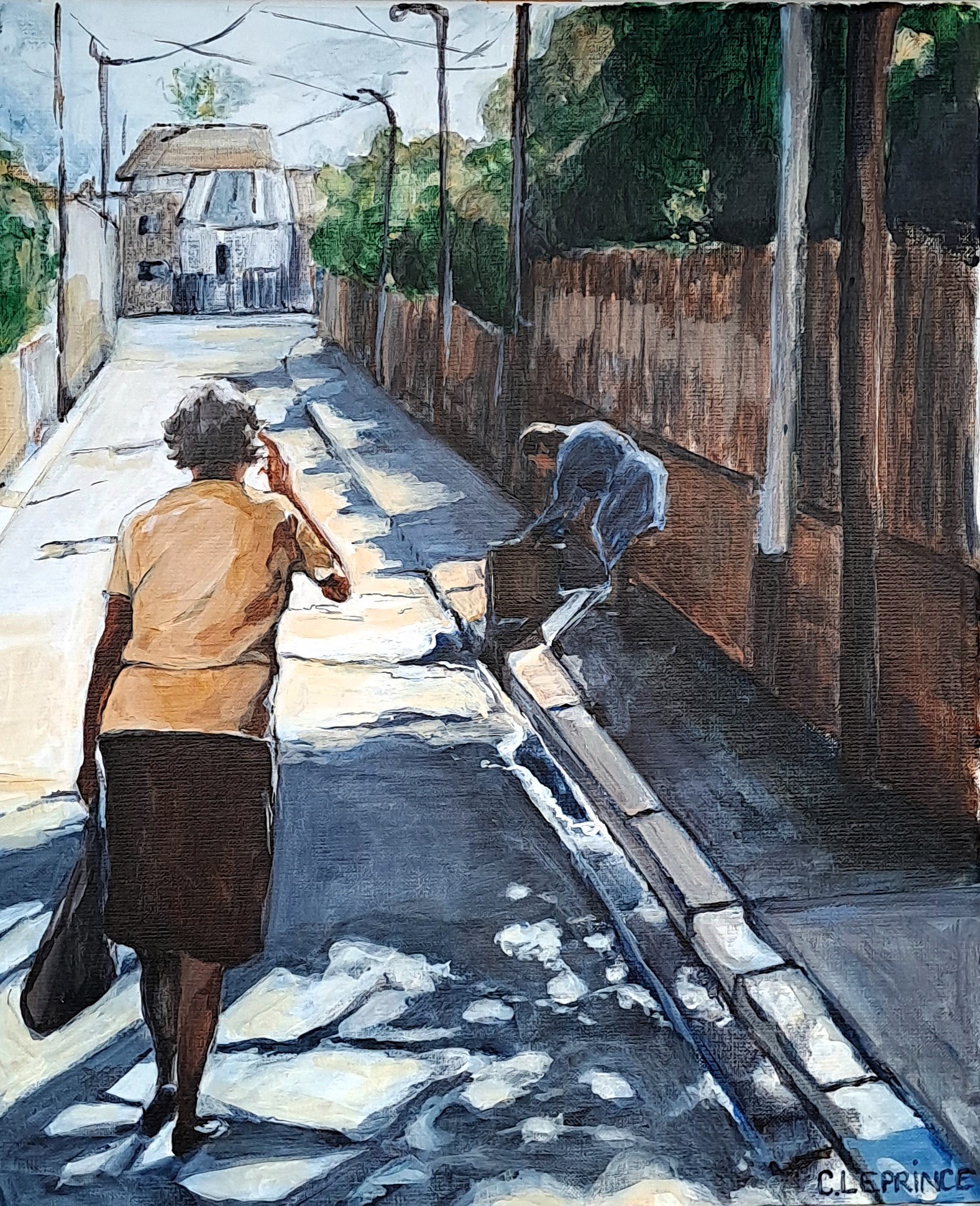 A painting of a woman walking down a street.