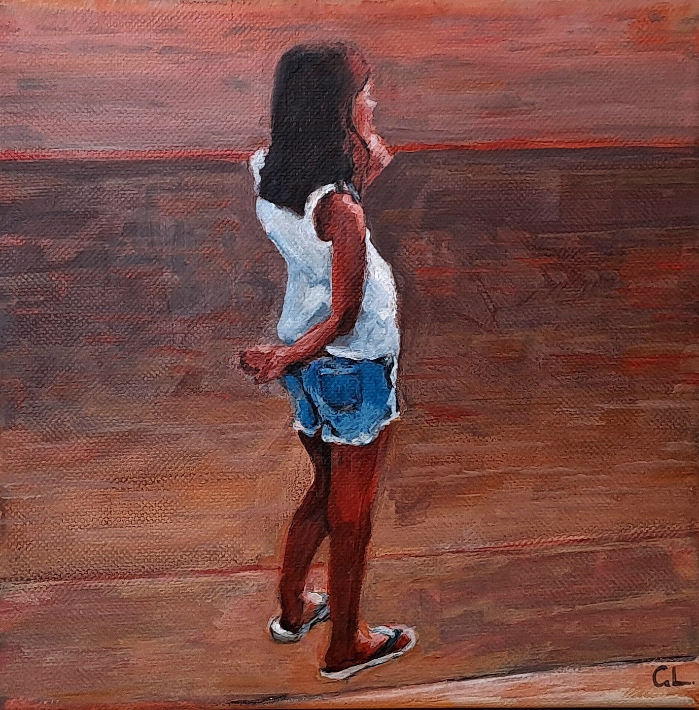A painting of a woman standing on a wooden floor.