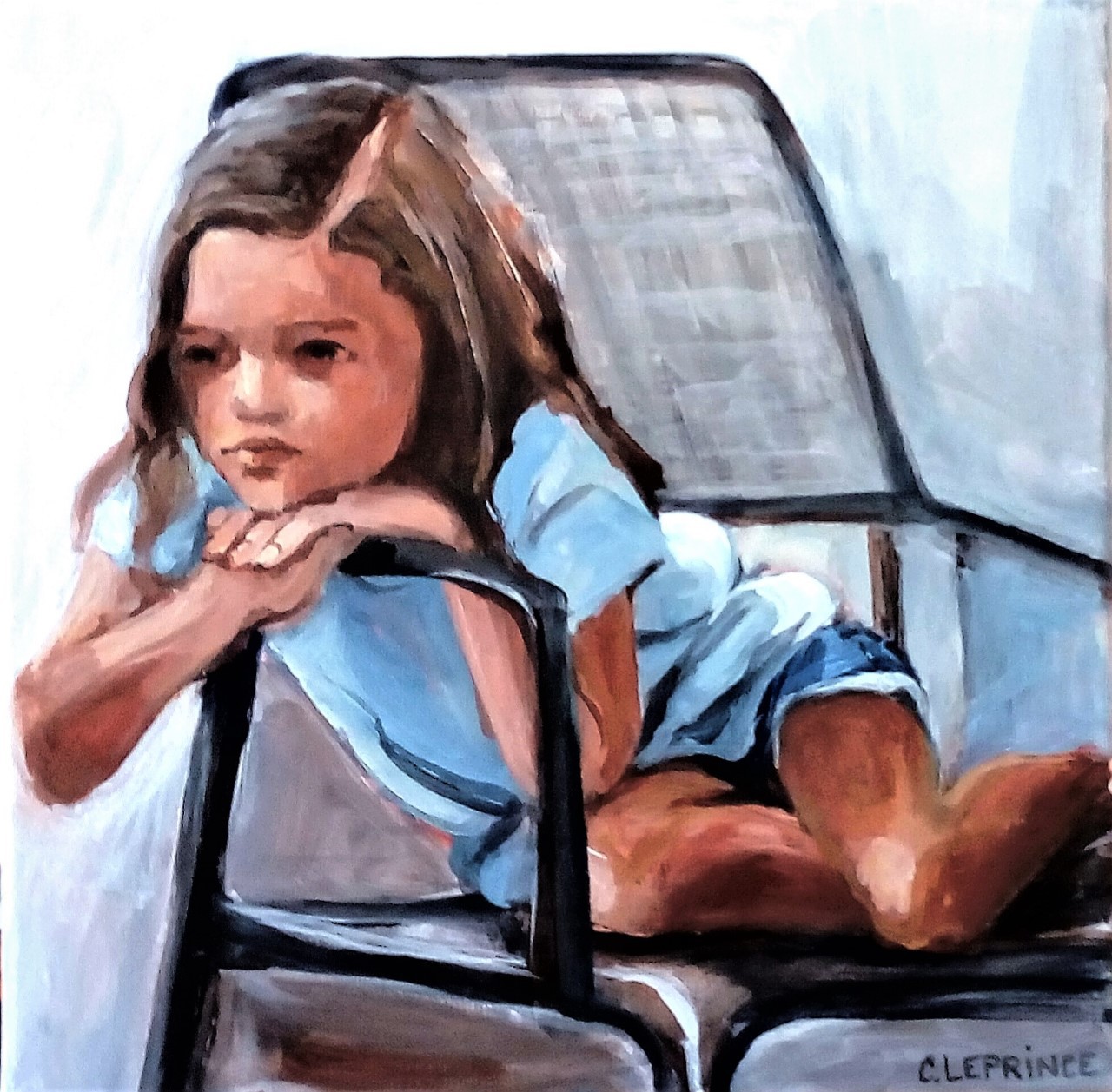 A painting of a little girl sitting in a chair.