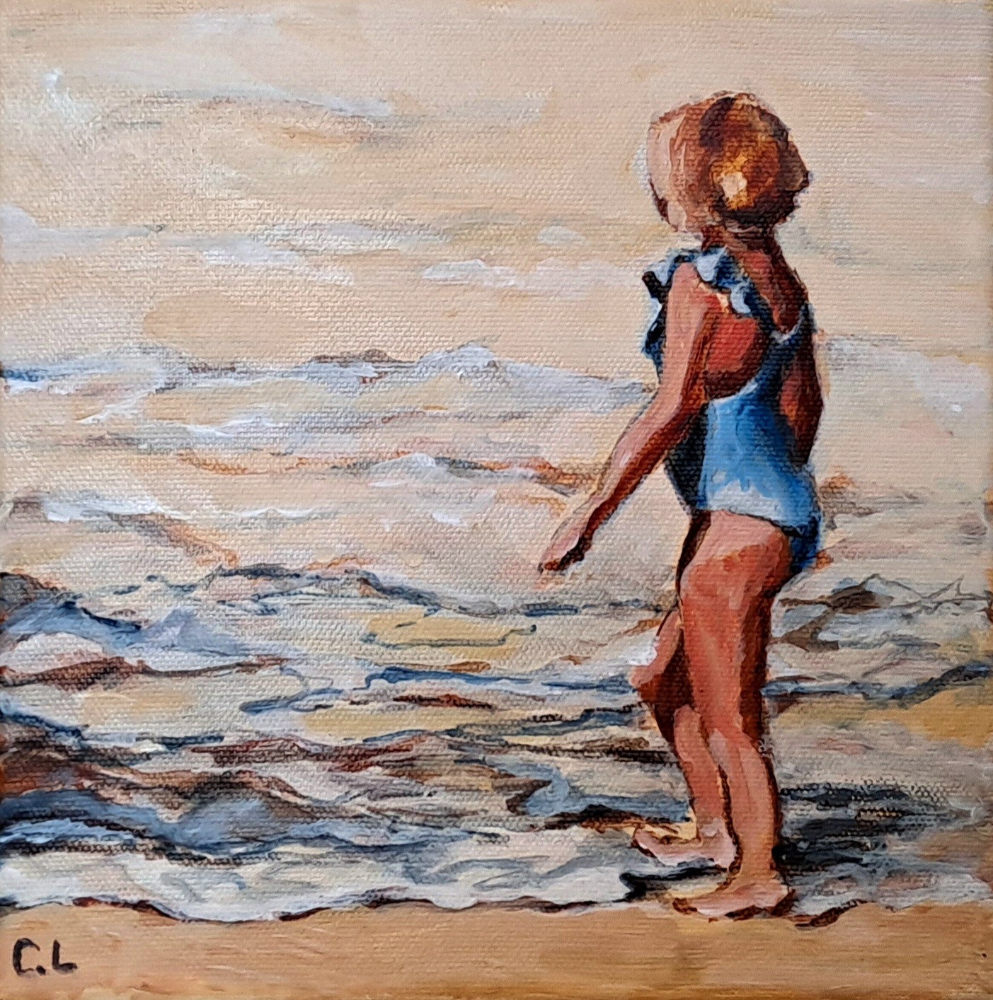 A painting of a little girl in a bathing suit on the beach.