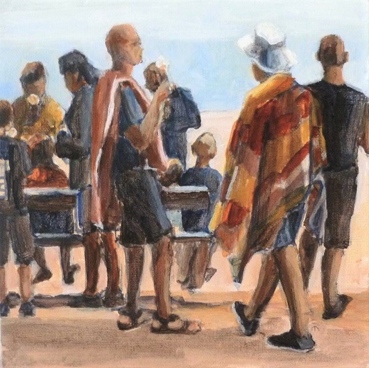 A painting of a group of people walking on a beach.