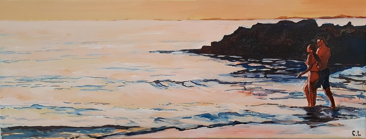 A painting of a man and a woman walking on the beach.