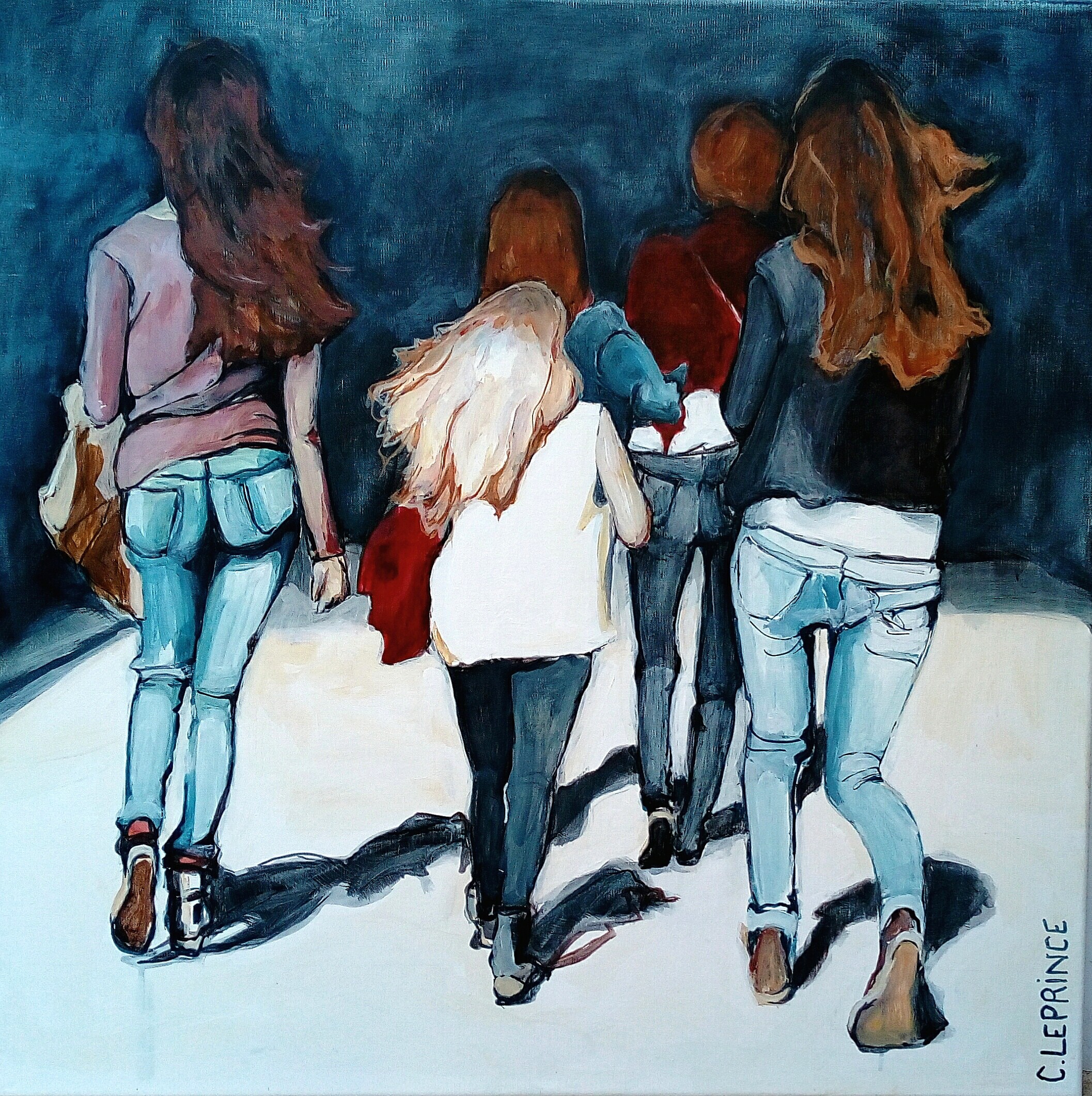 A painting of a group of women walking down a street.