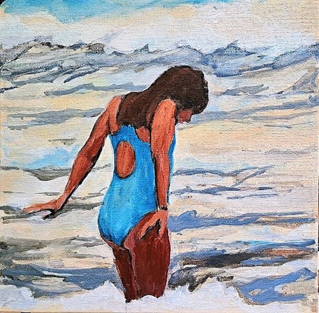 a painting of a woman in a blue bathing suit on the beach