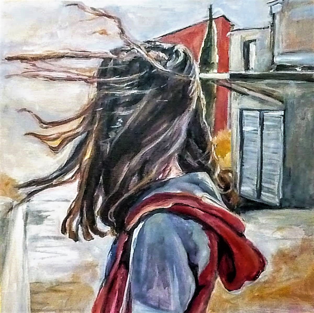 A painting of a woman with her hair blowing in the wind.