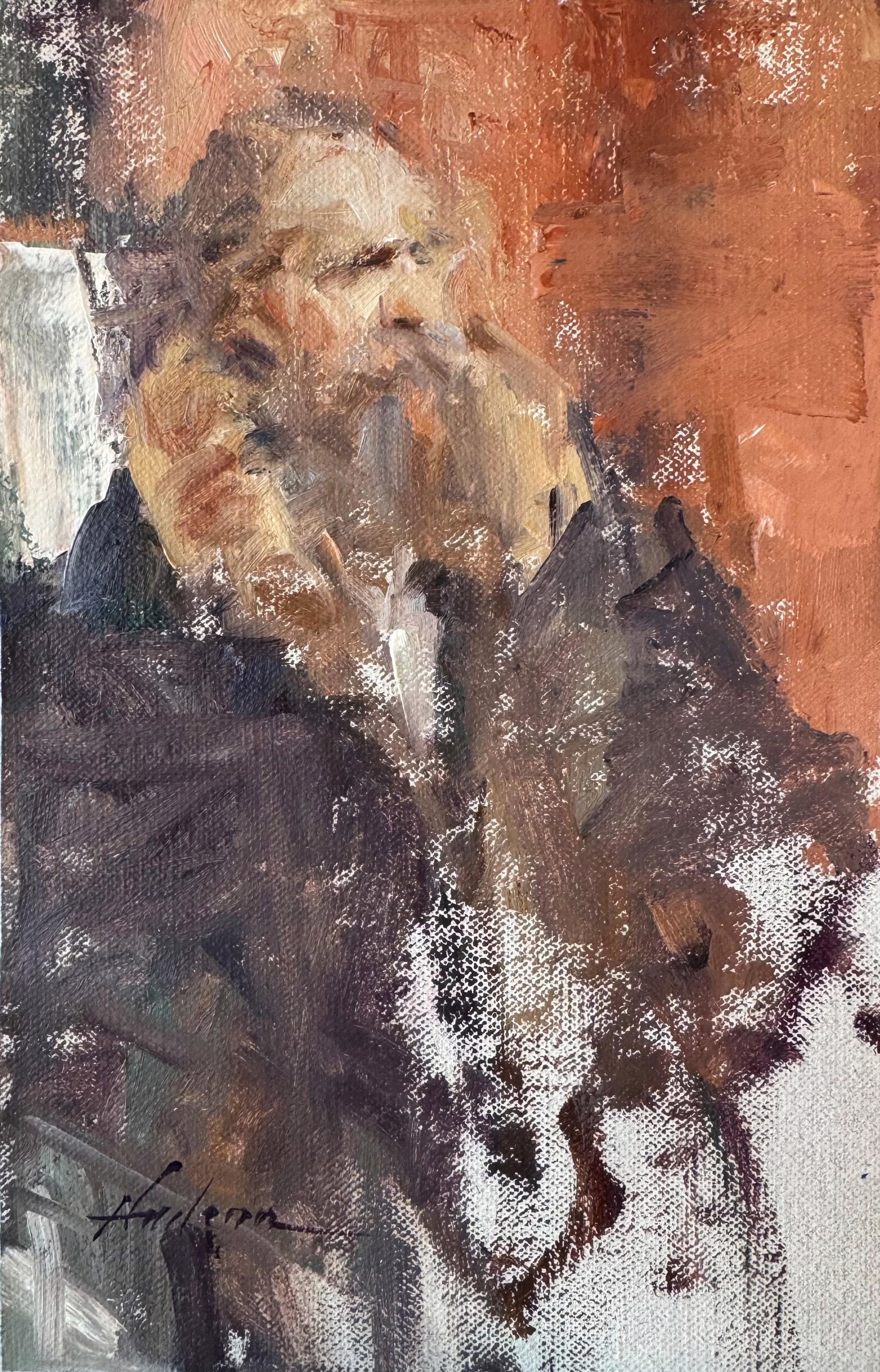 A painting of a man with a long beard smoking a cigarette.