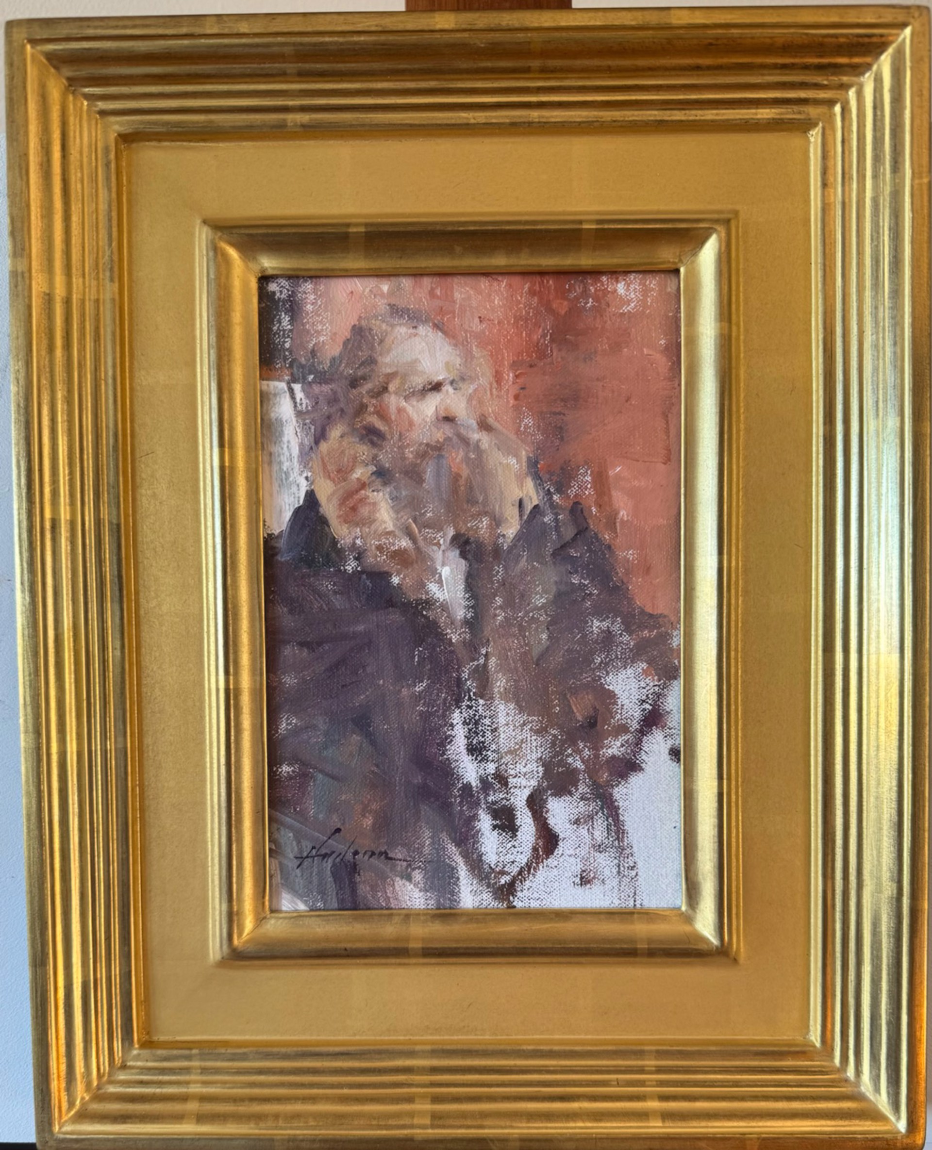 A painting of a man with a long beard smoking a cigarette.
