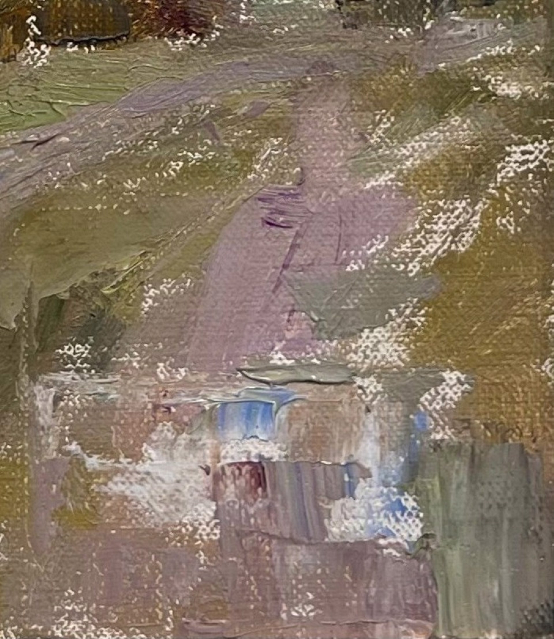 An atmospheric landscape painting of a rural path winding through a wooded area.