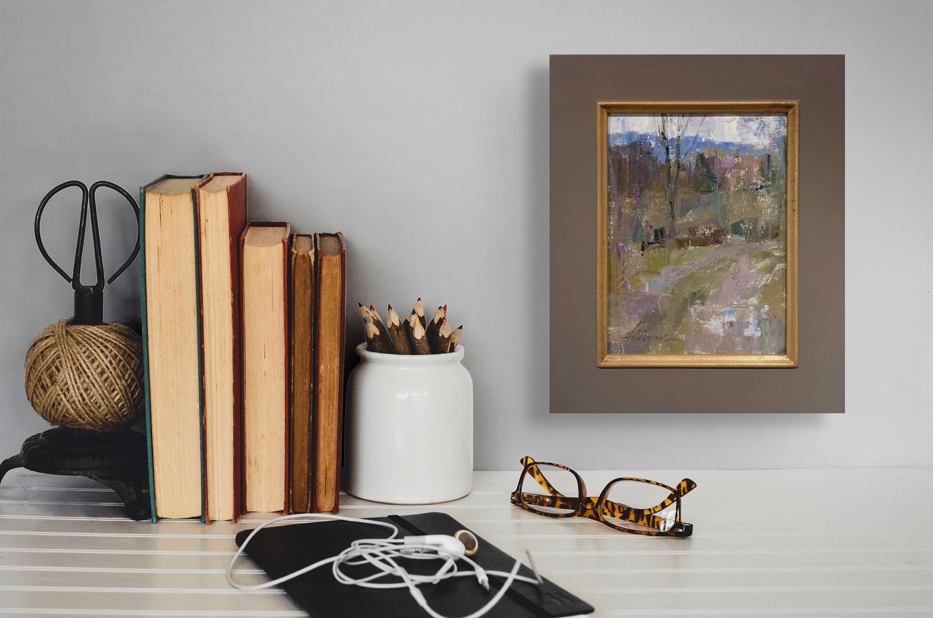 An atmospheric landscape painting of a rural path winding through a wooded area.