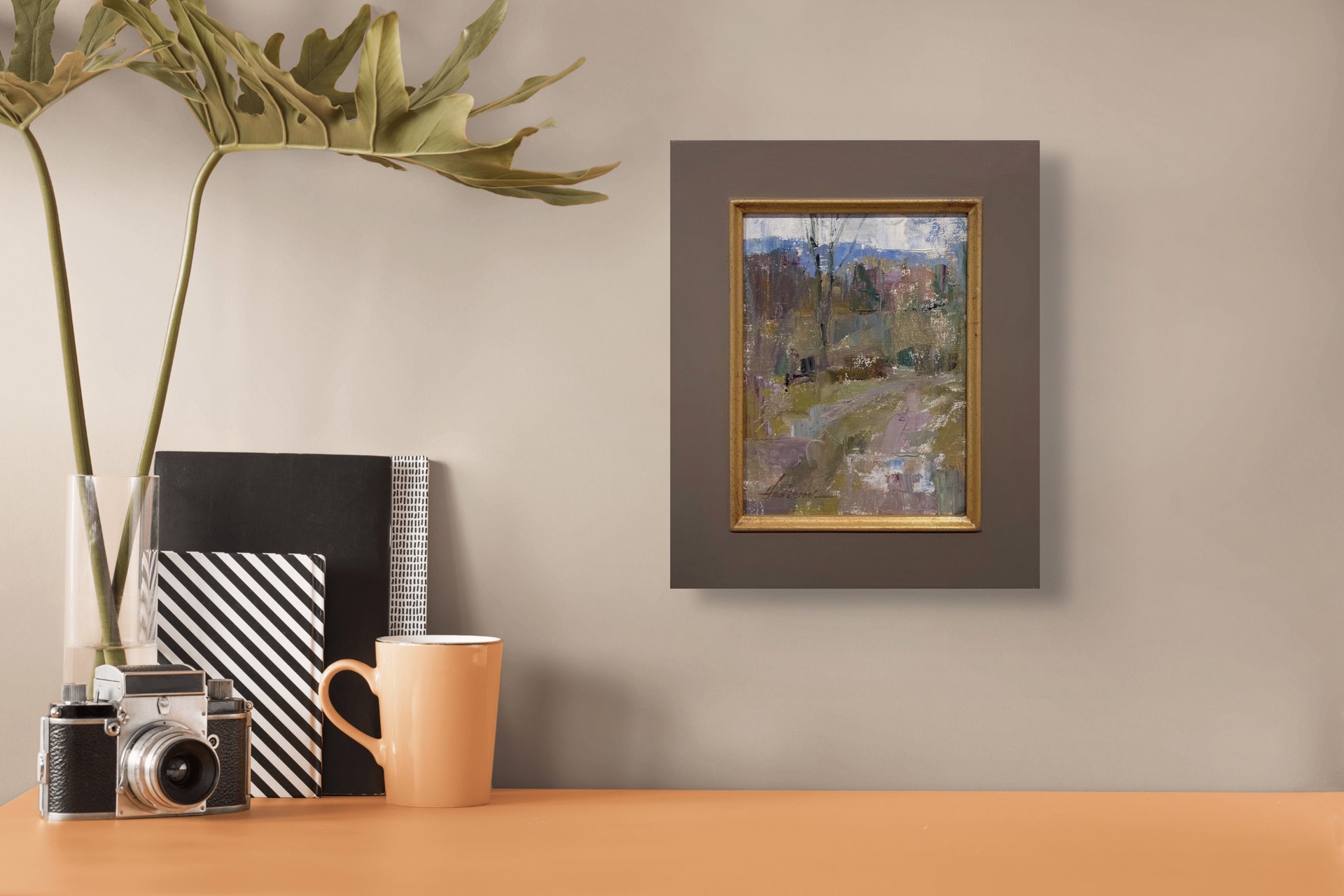 An atmospheric landscape painting of a rural path winding through a wooded area.