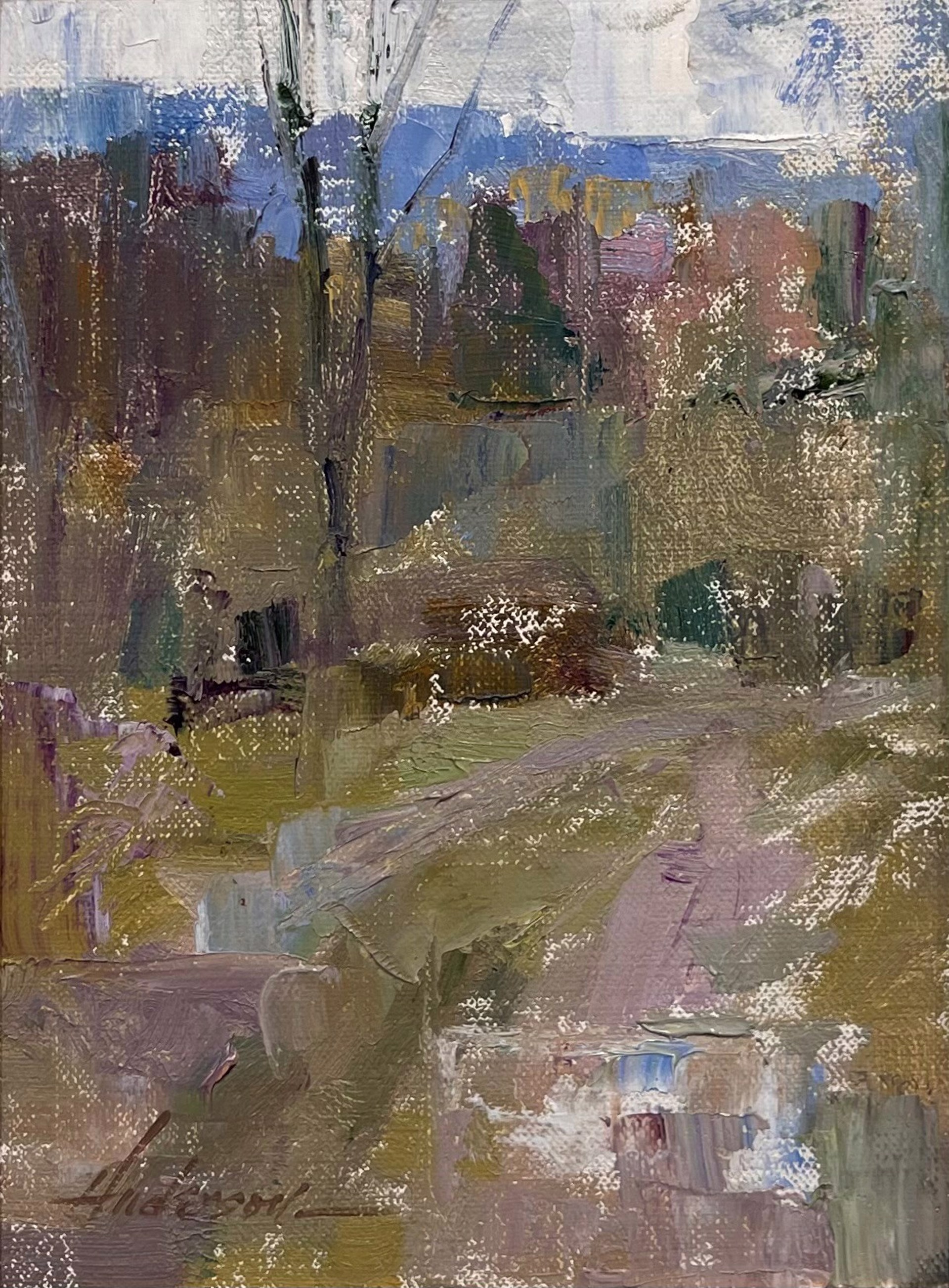 An atmospheric landscape painting of a rural path winding through a wooded area.