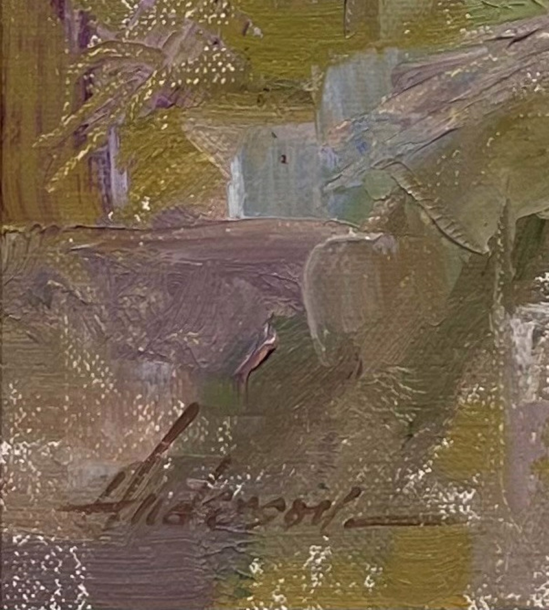An atmospheric landscape painting of a rural path winding through a wooded area.