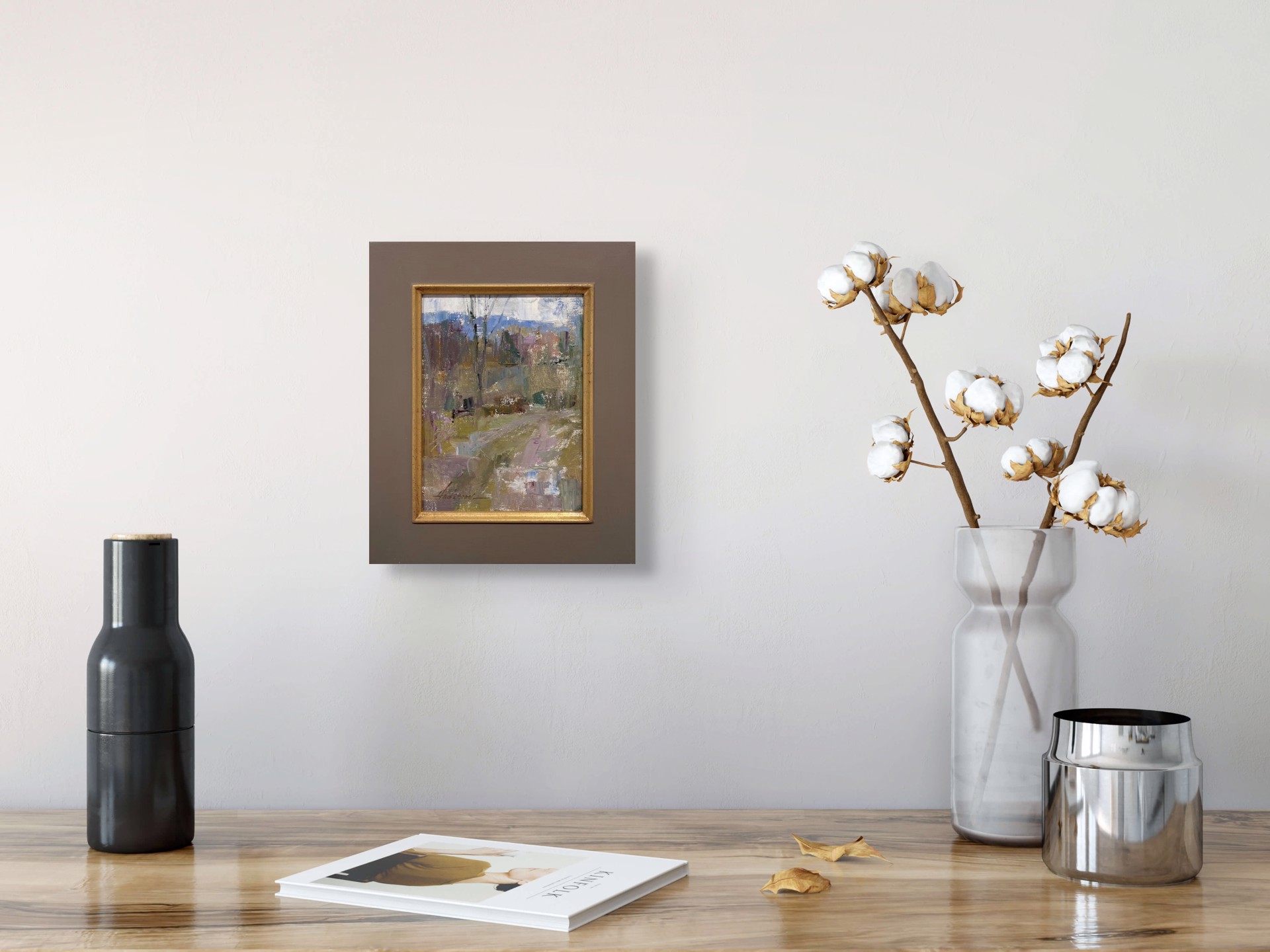 An atmospheric landscape painting of a rural path winding through a wooded area.