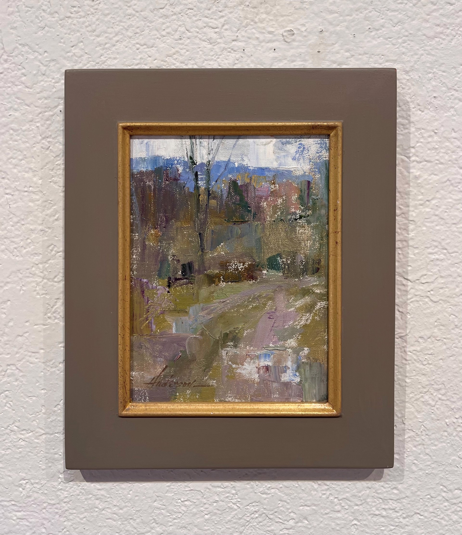 An atmospheric landscape painting of a rural path winding through a wooded area.