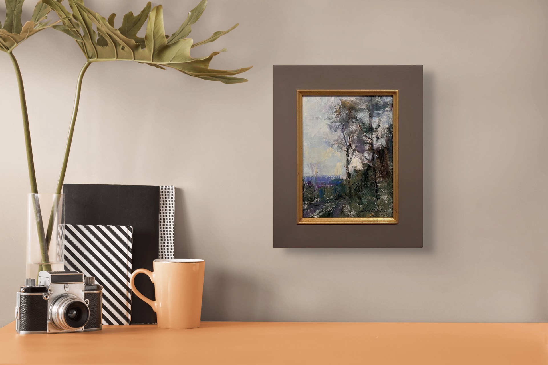 A painting of trees in a wooded area with a cloudy sky.