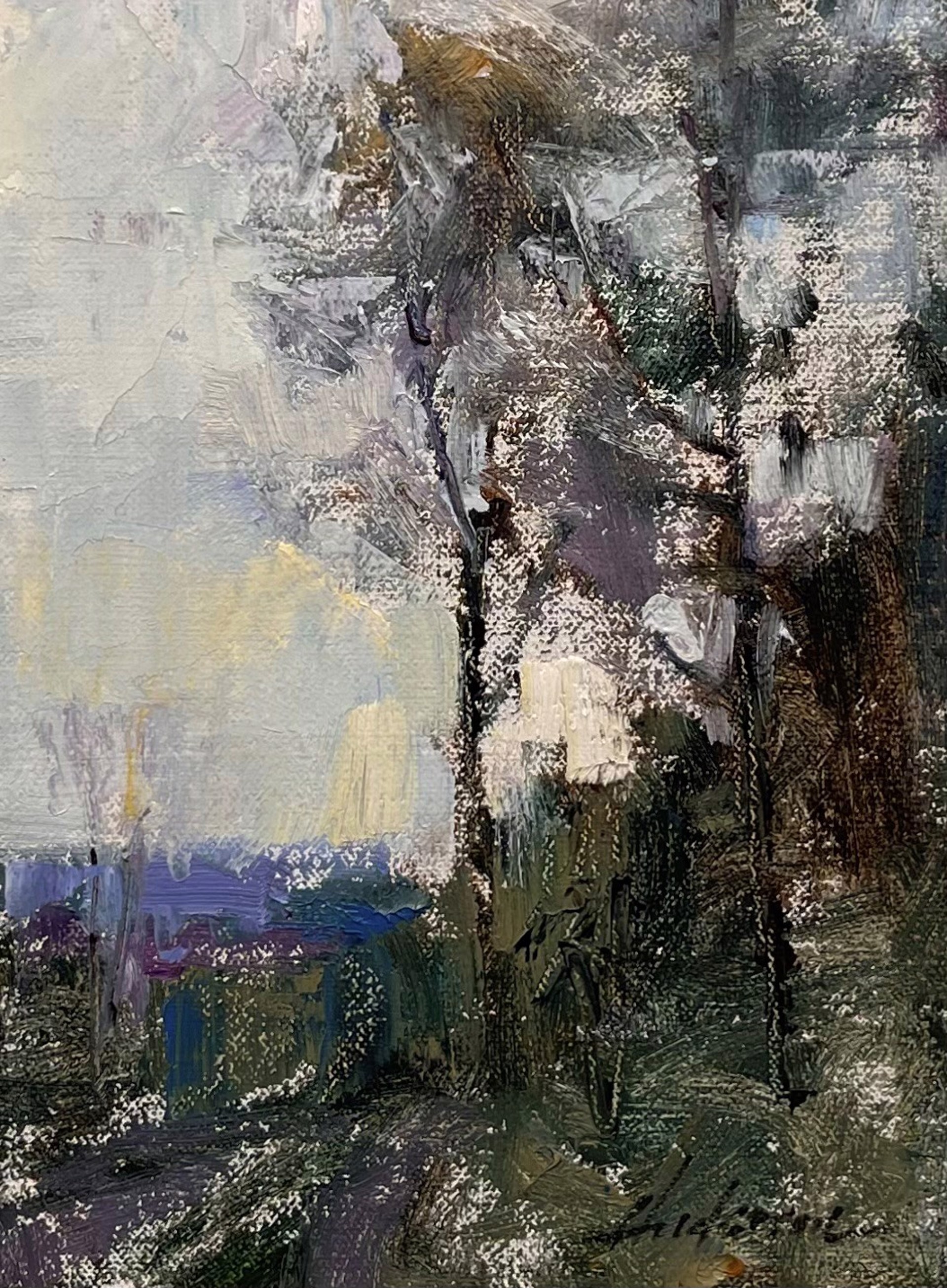 A painting of trees in a wooded area with a cloudy sky.