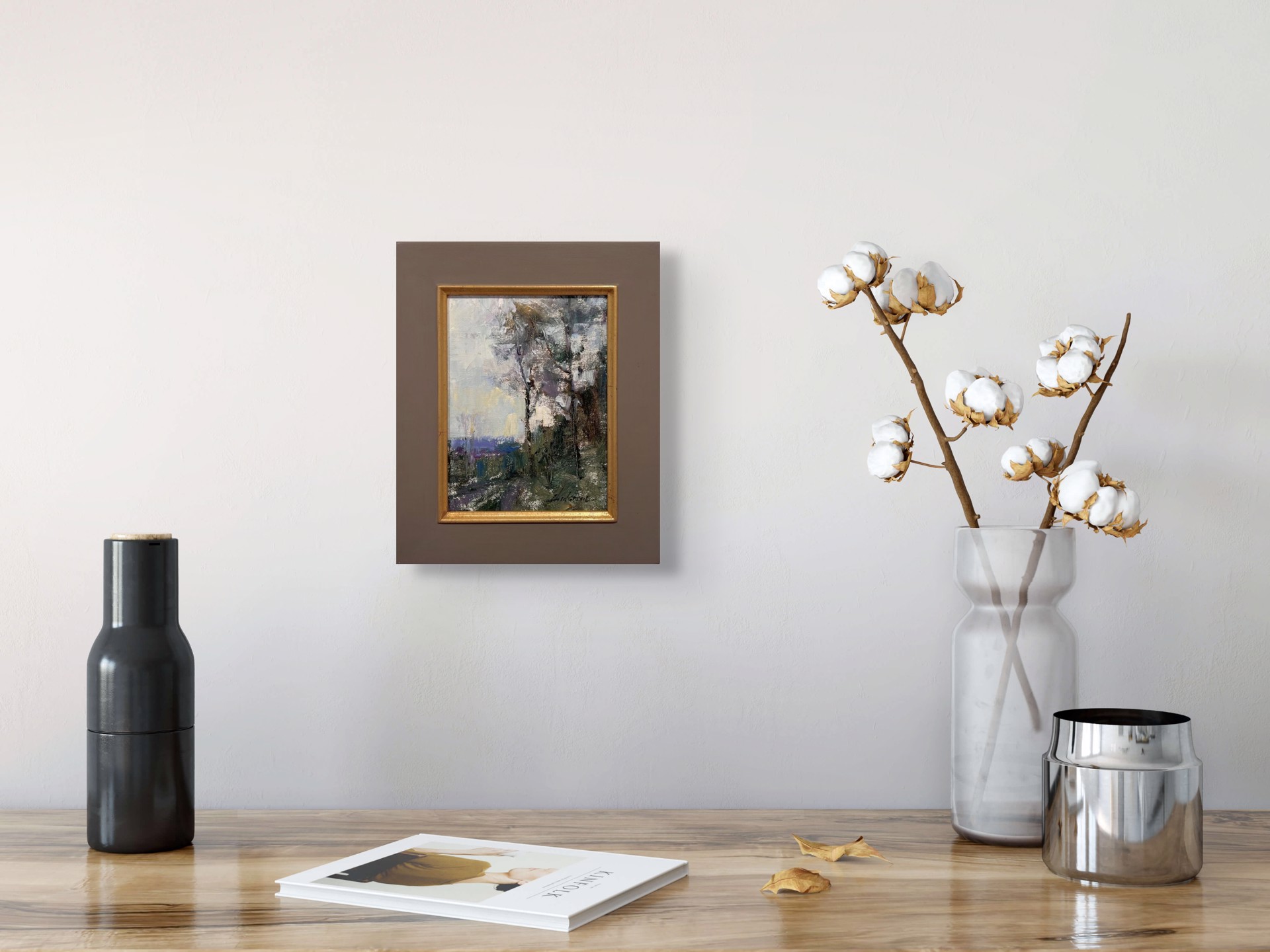 A painting of trees in a wooded area with a cloudy sky.