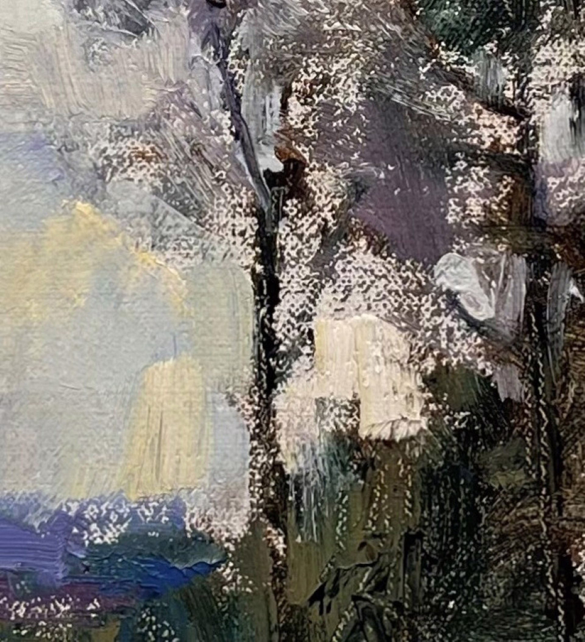 A painting of trees in a wooded area with a cloudy sky.