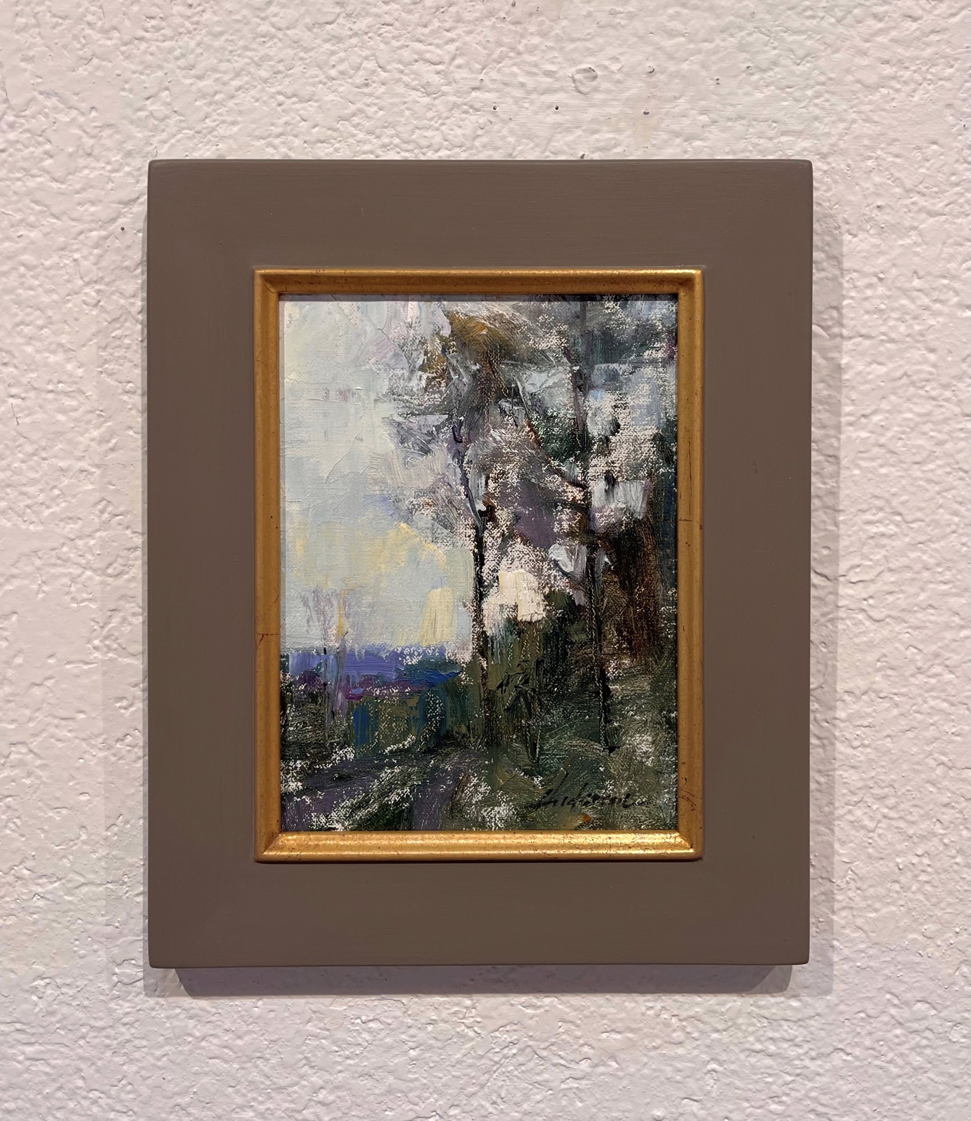 A painting of trees in a wooded area with a cloudy sky.