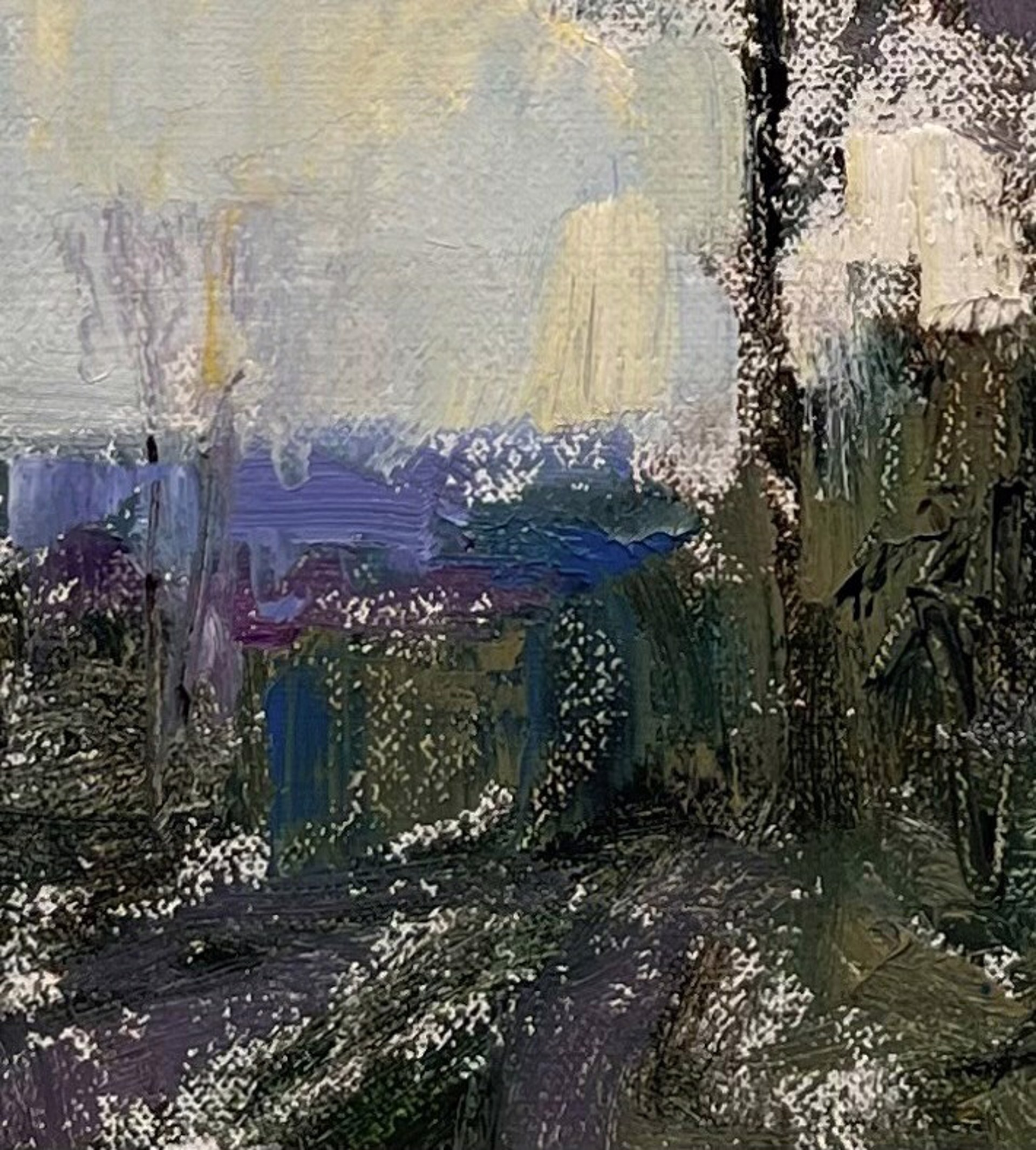 A painting of trees in a wooded area with a cloudy sky.