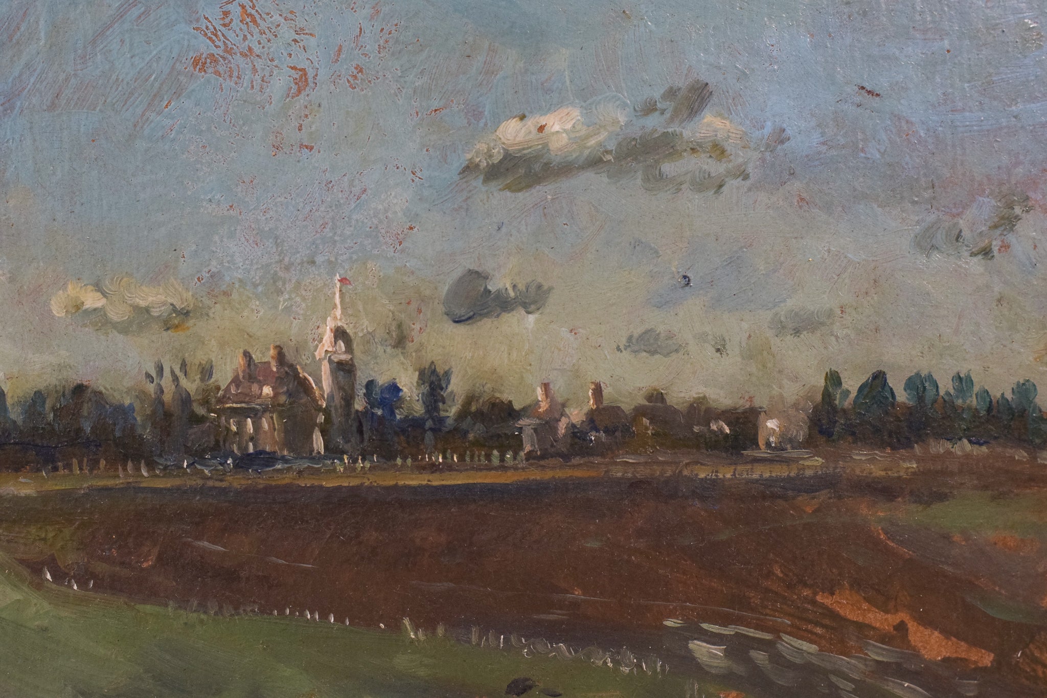 A painting of a landscape with a church in the distance.