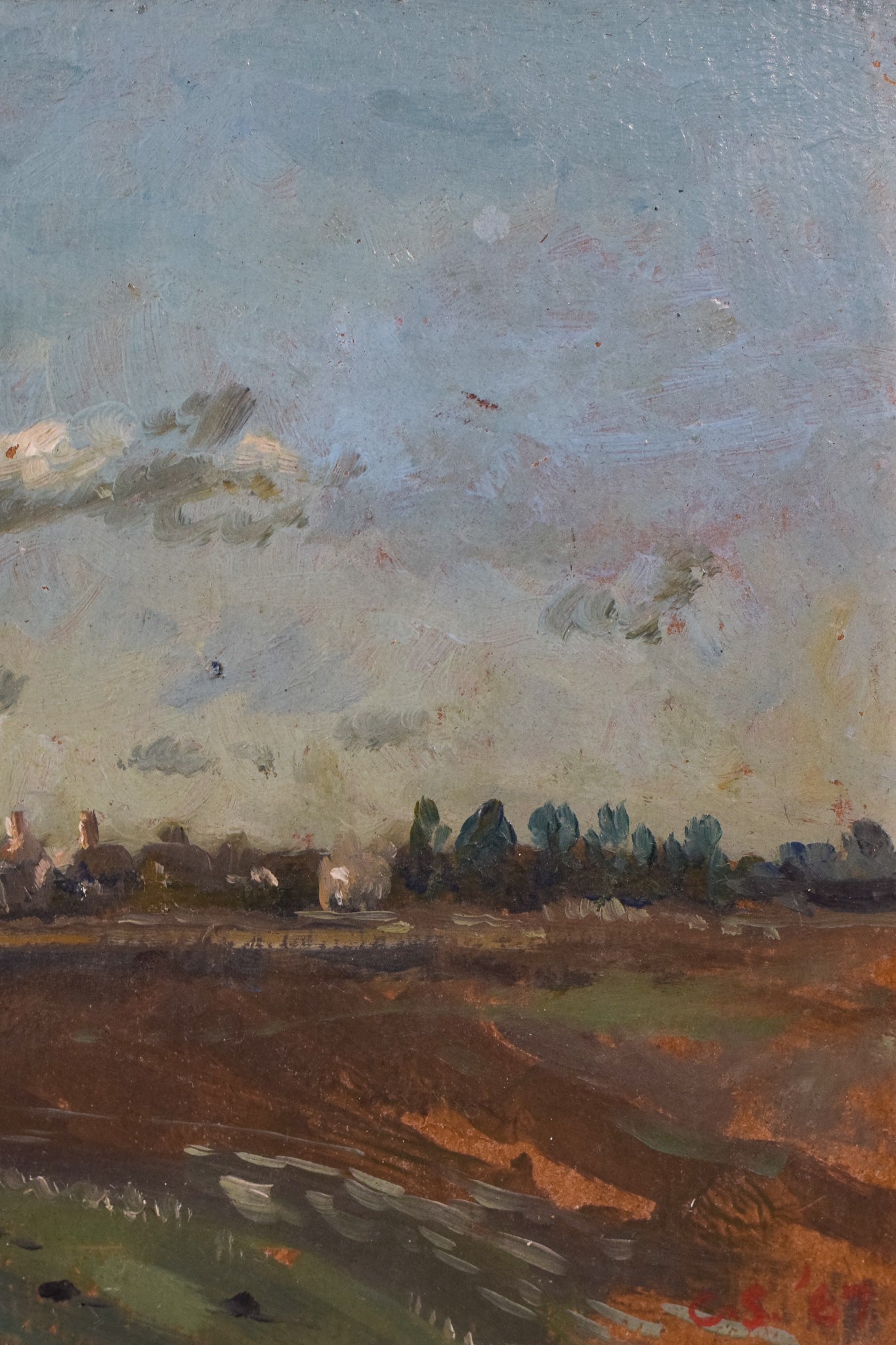 A painting of a landscape with a church in the distance.