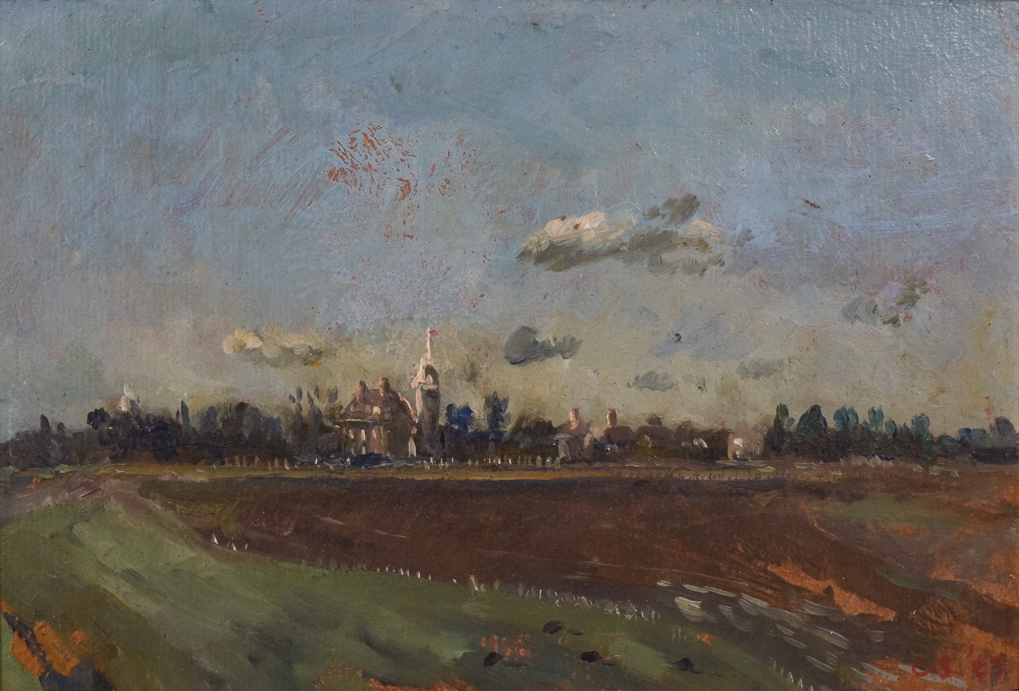 A painting of a landscape with a church in the distance.