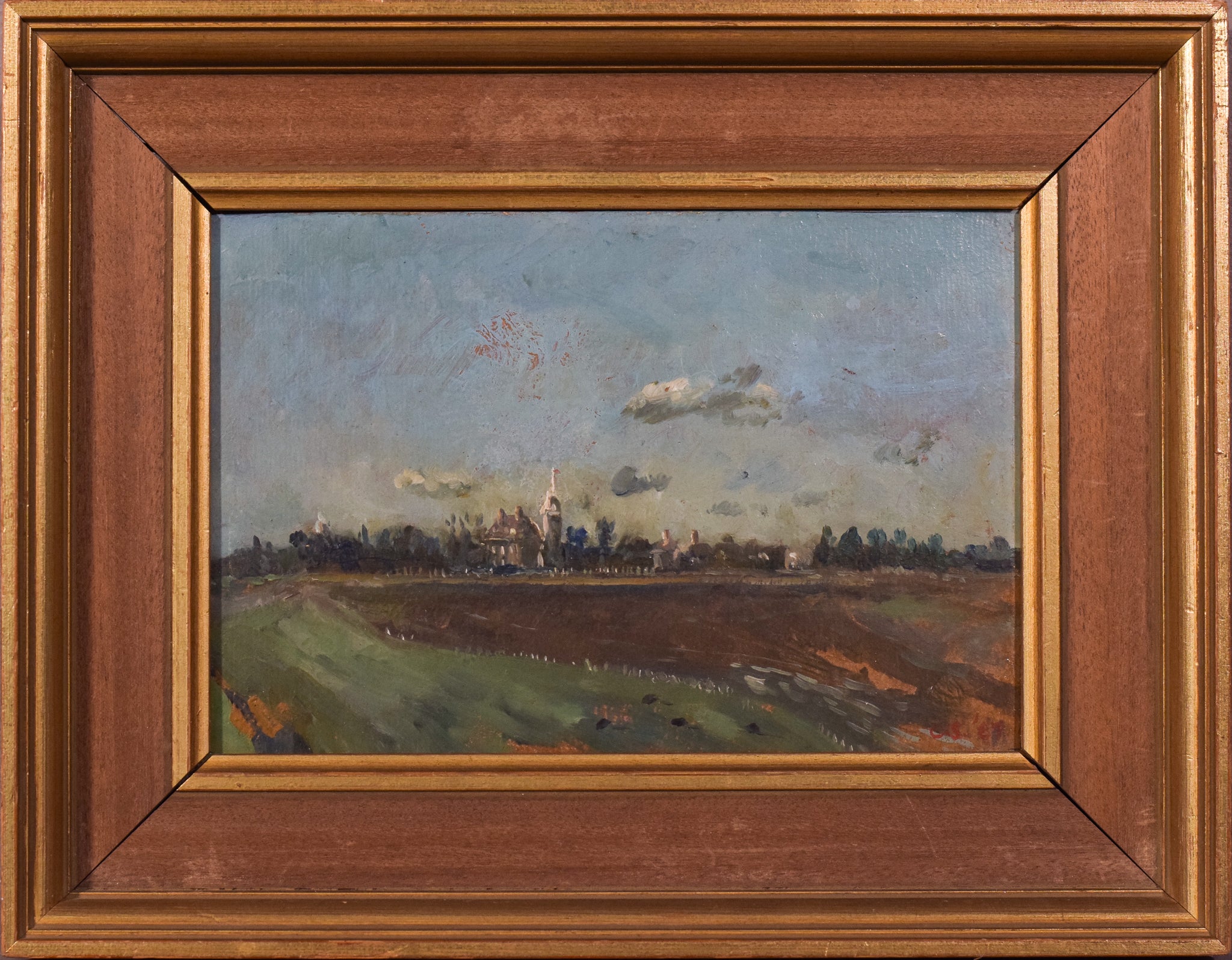 A painting of a landscape with a church in the distance.