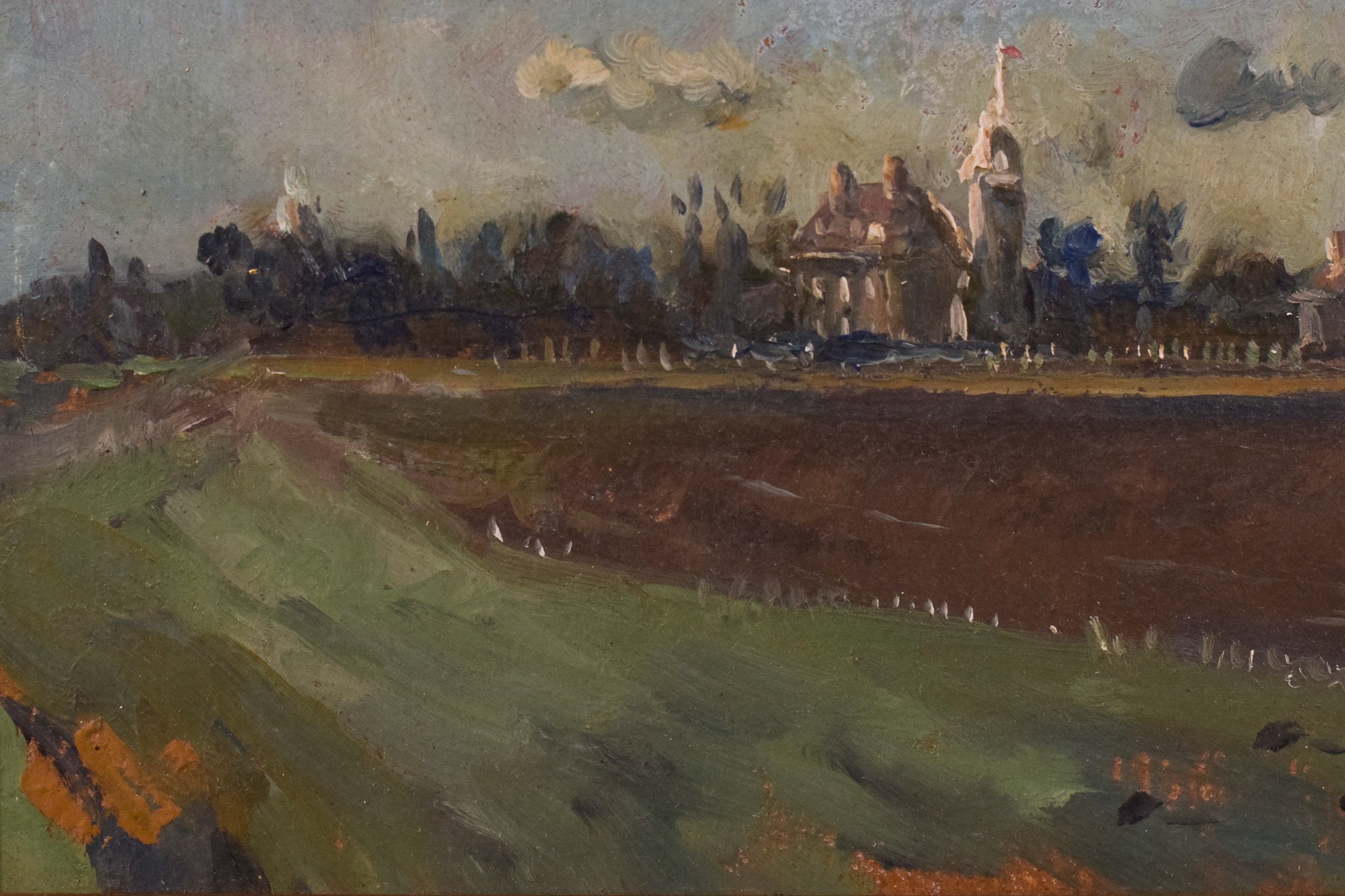 A painting of a landscape with a church in the distance.