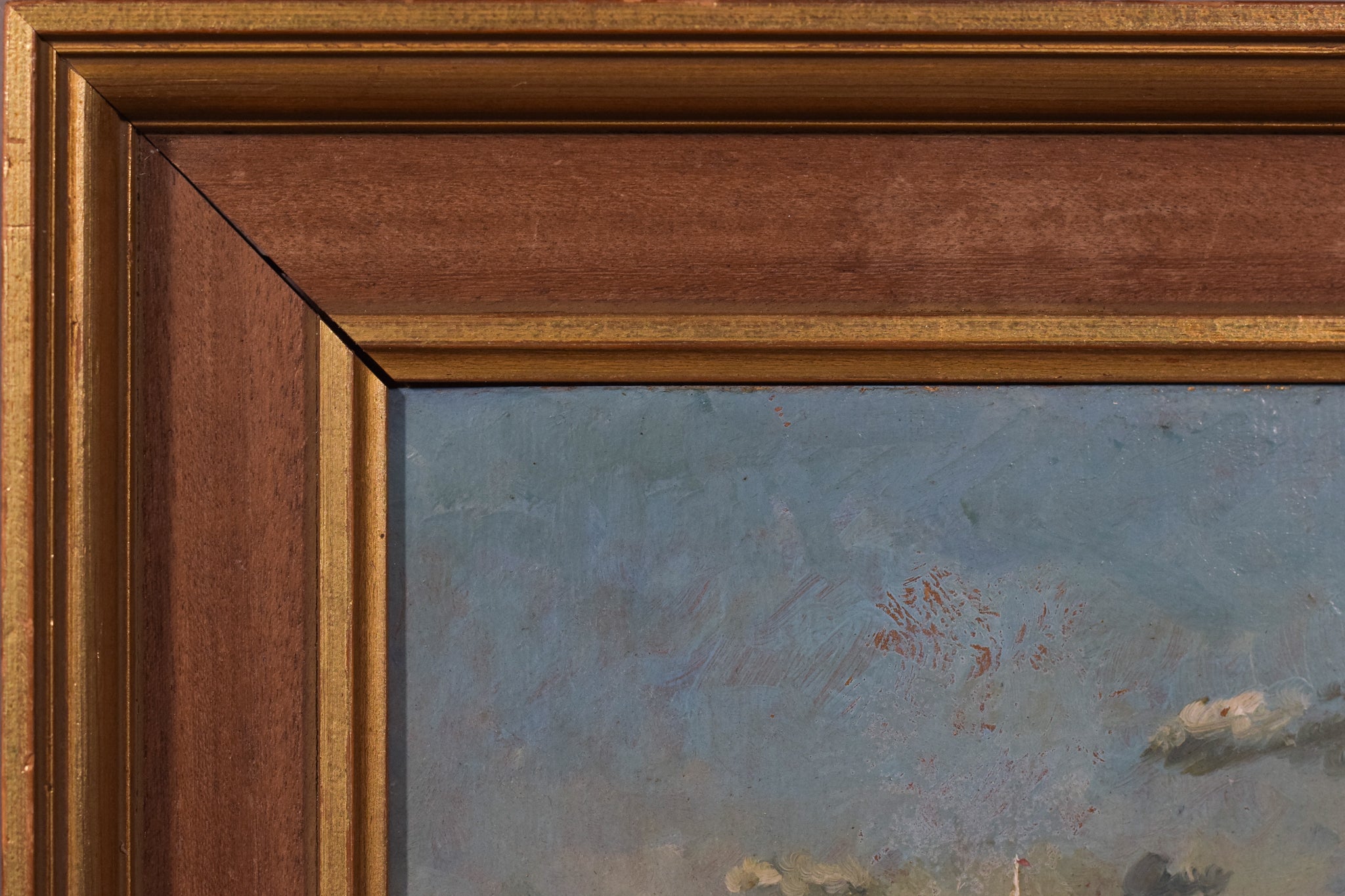 A painting of a landscape with a church in the distance.