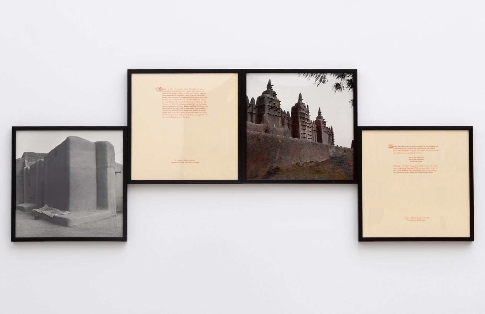 Three framed photographs hanging on a wall next to each other.