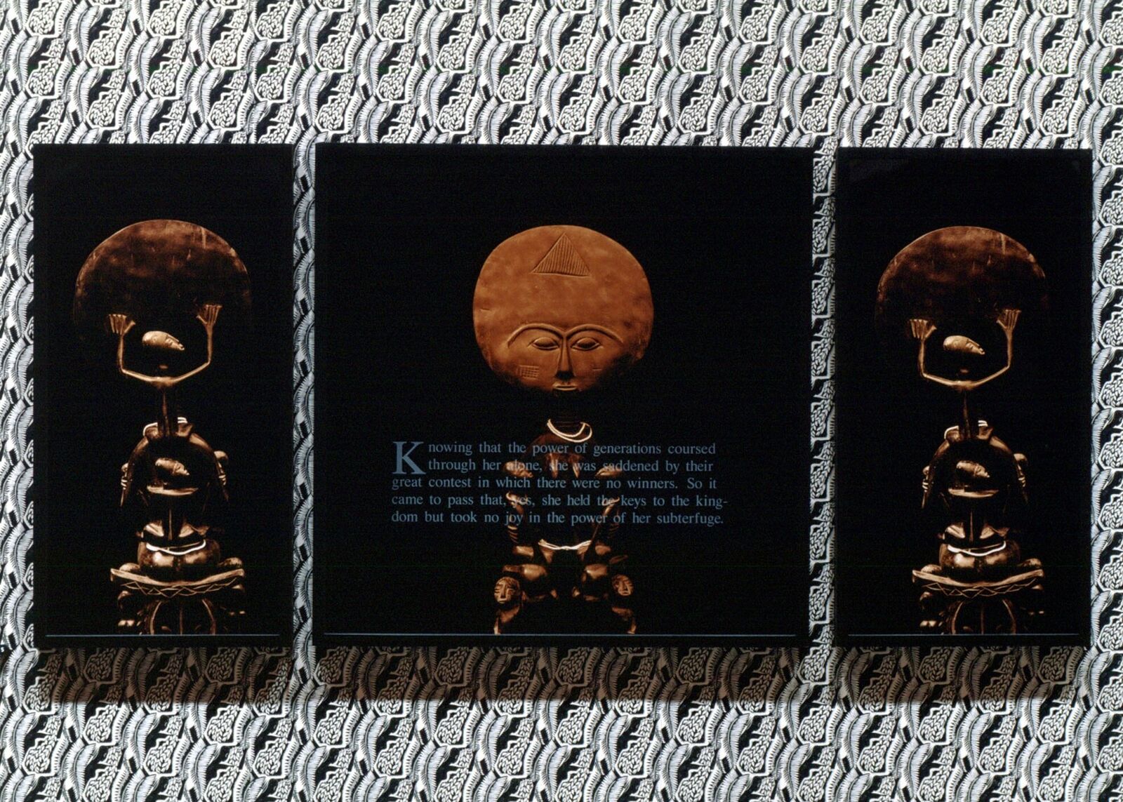 Three black and gold paintings on a wall with a quote on it.