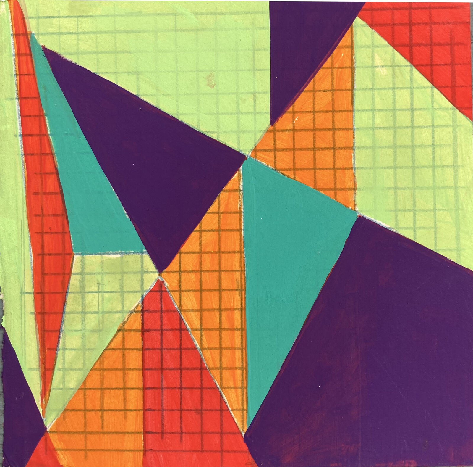 A vibrant geometric composition of interlocking triangles in bold colors.