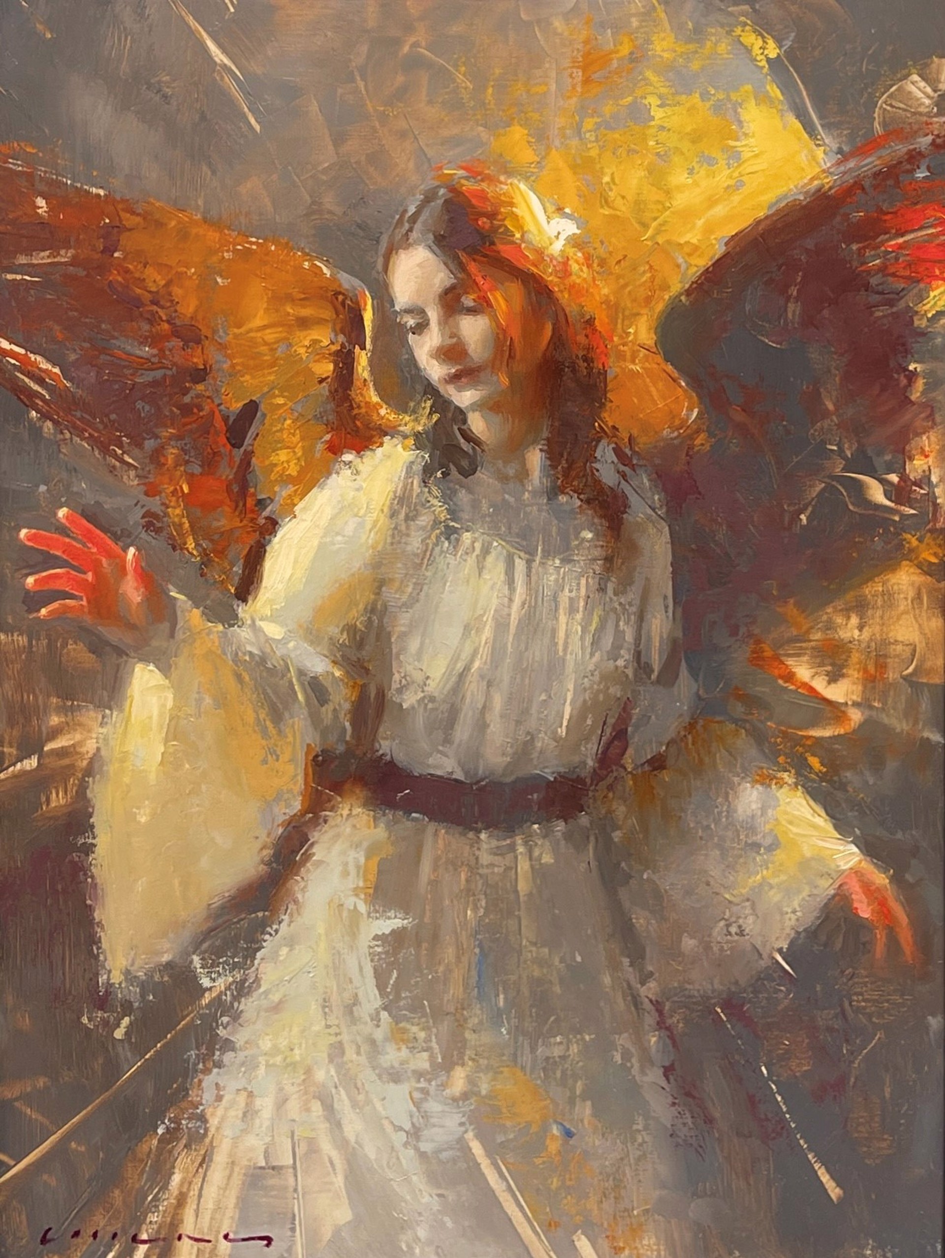 A painting of an angel in a white dress.