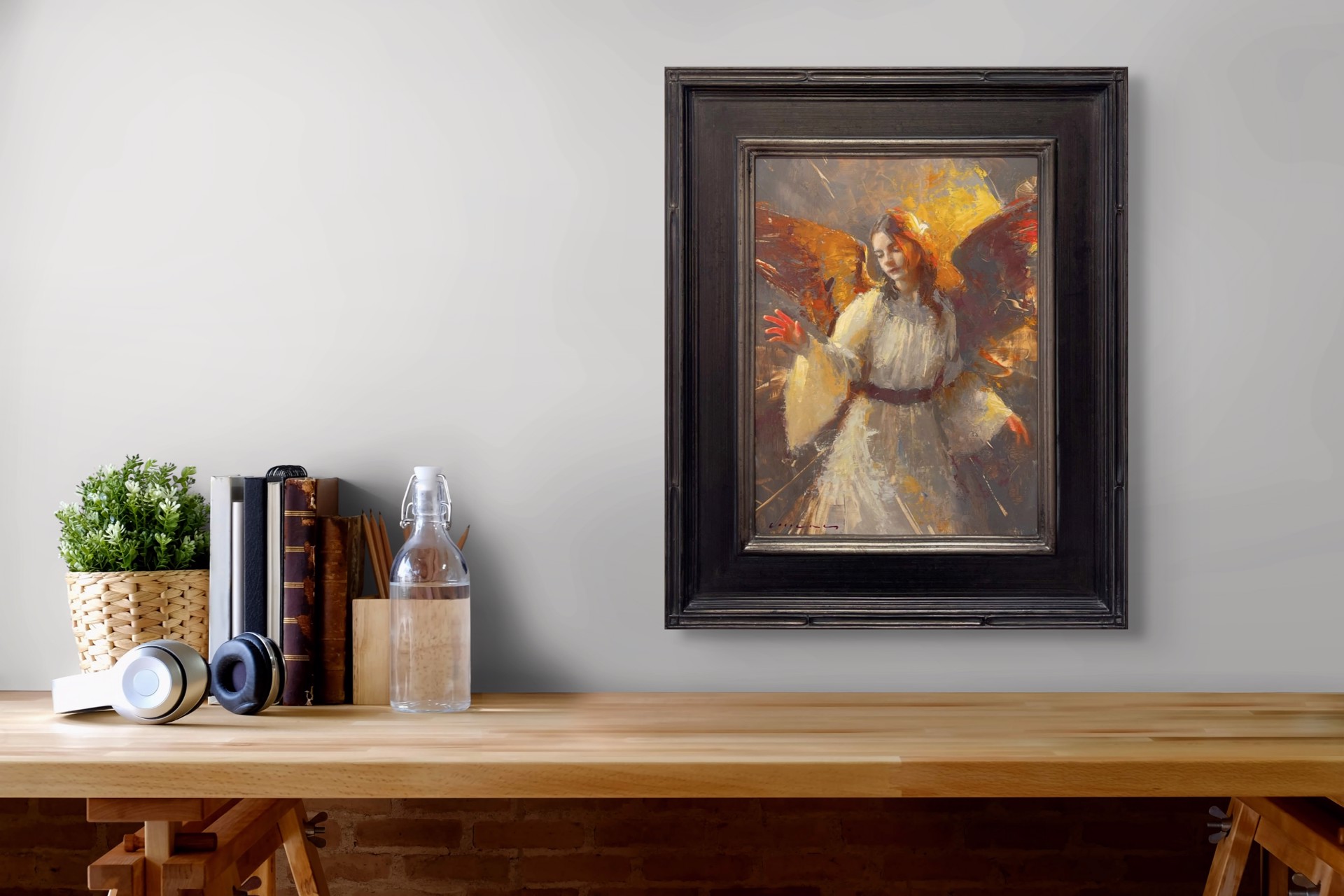 A painting of an angel in a white dress.