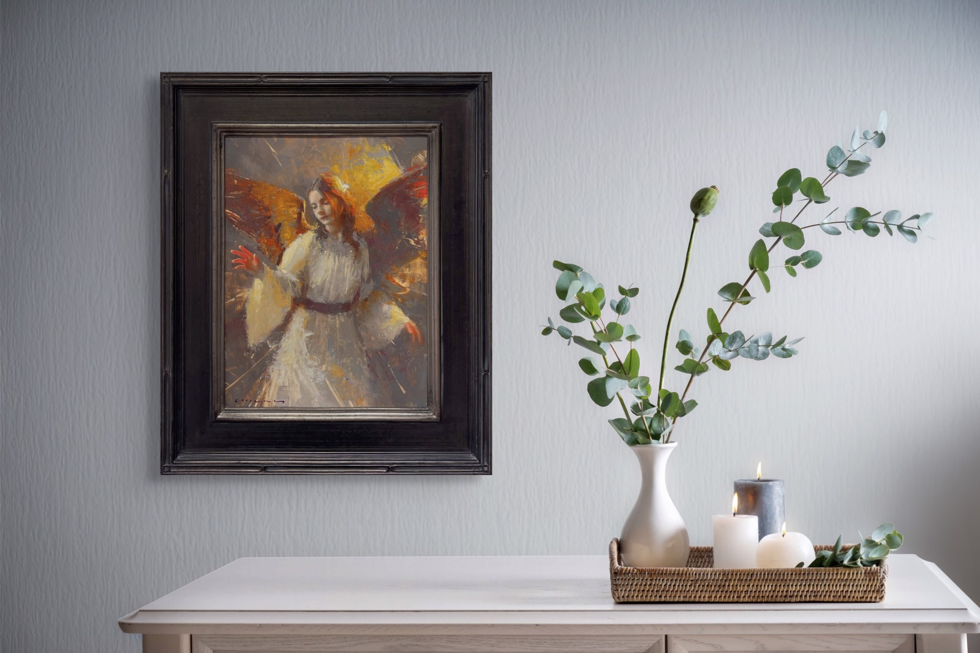 A painting of an angel in a white dress.