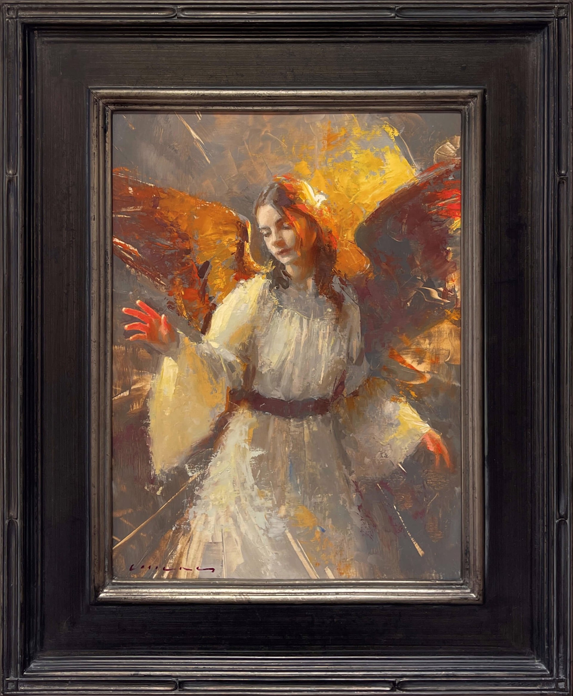 A painting of an angel in a white dress.