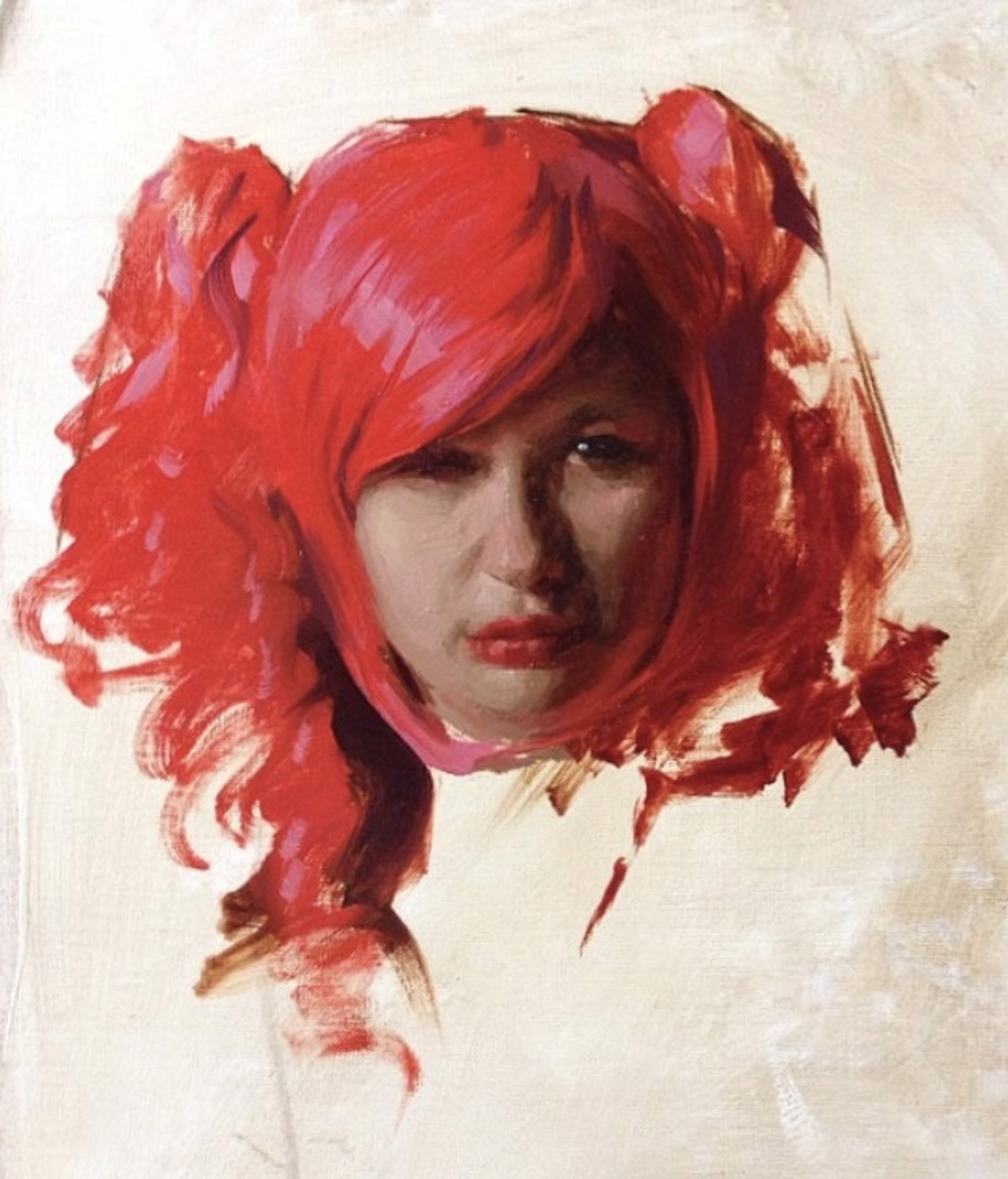 A painting of a woman with red hair on a white background.