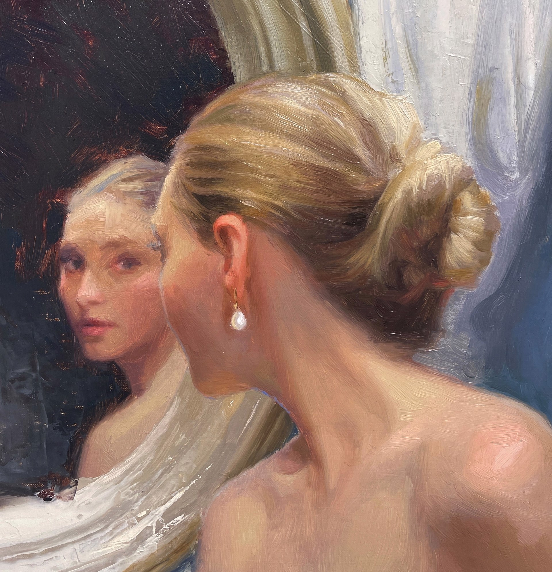 A painting of a woman looking at herself in the mirror.