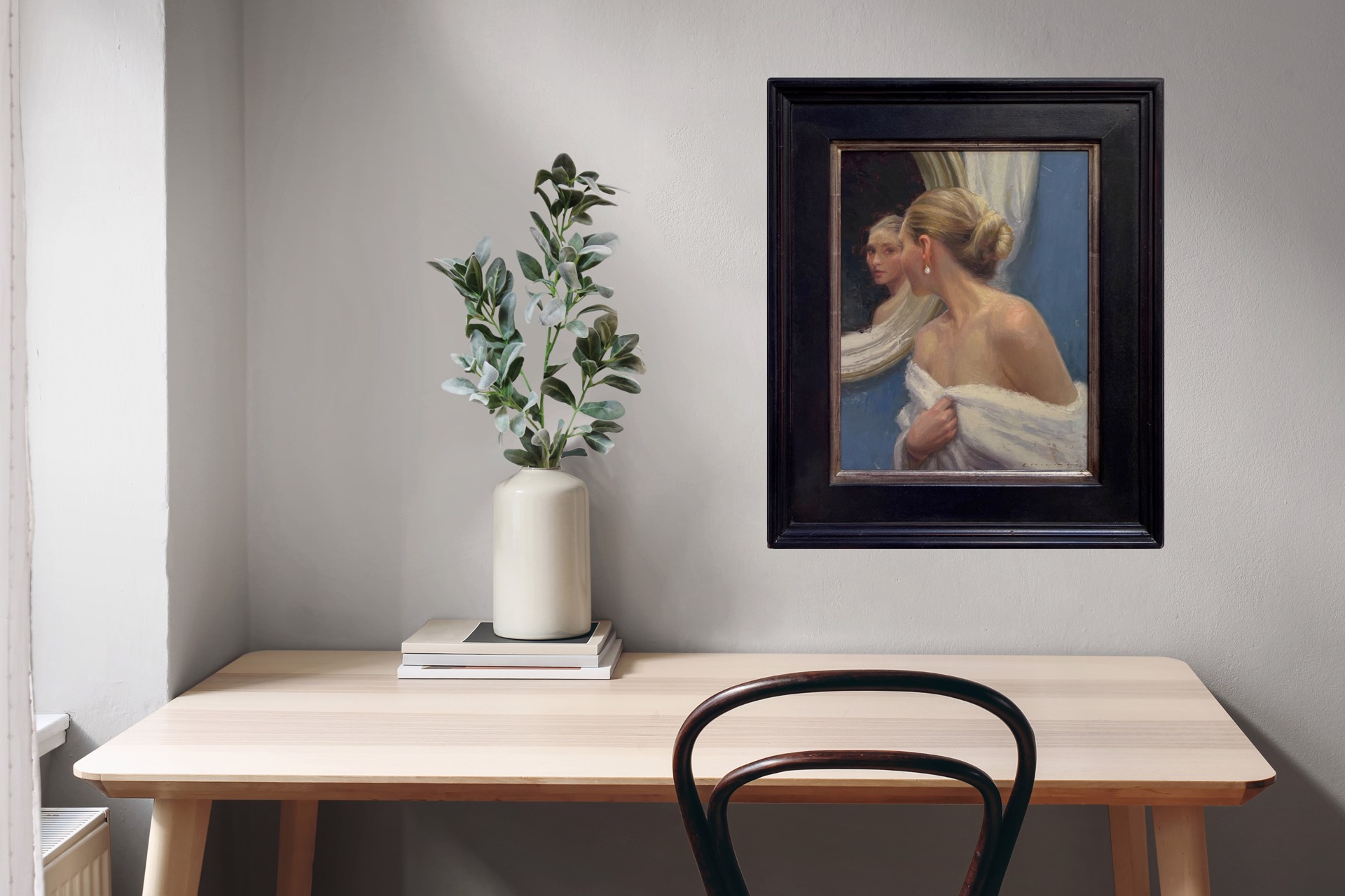 A painting of a woman looking at herself in the mirror.