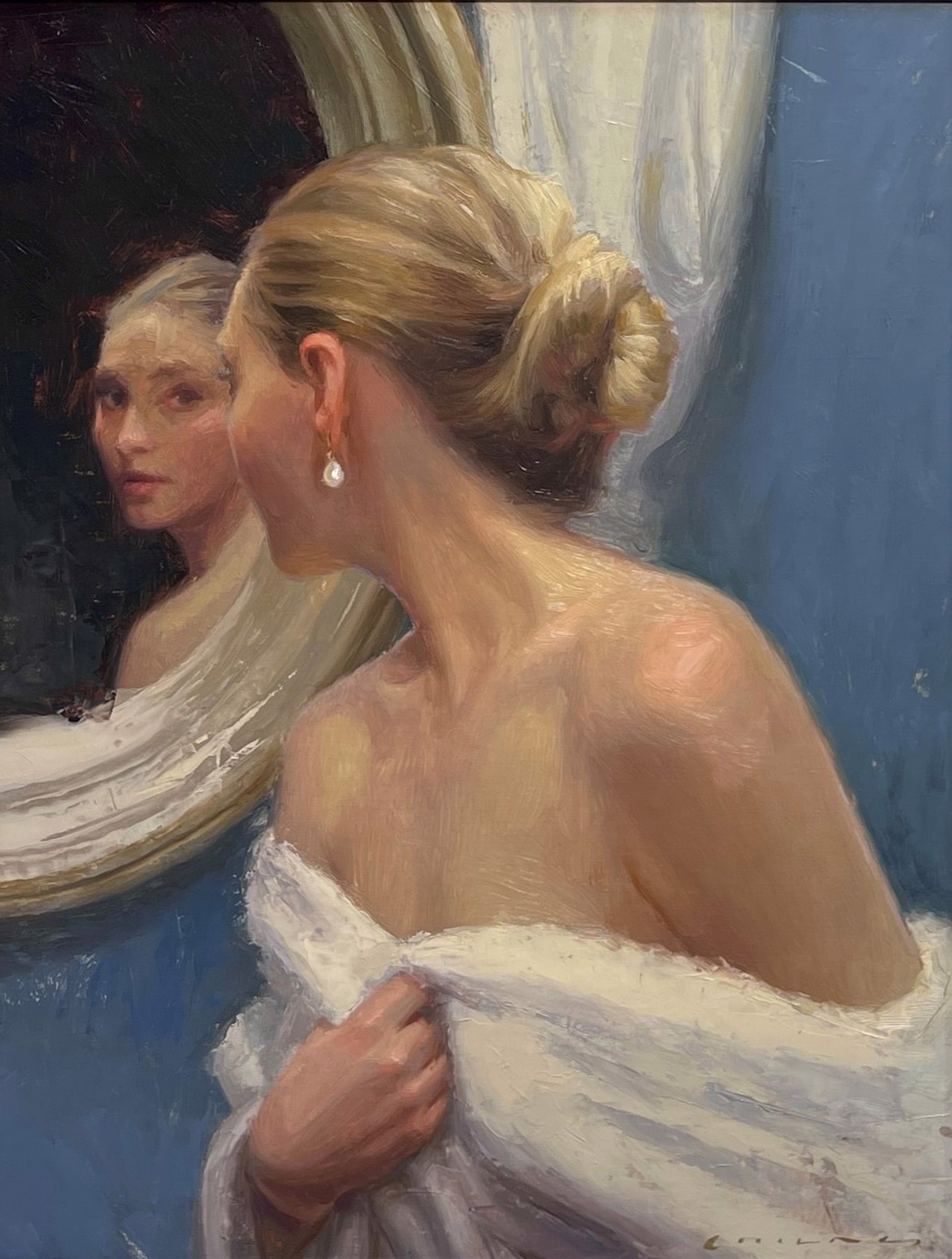 A painting of a woman looking at herself in the mirror.